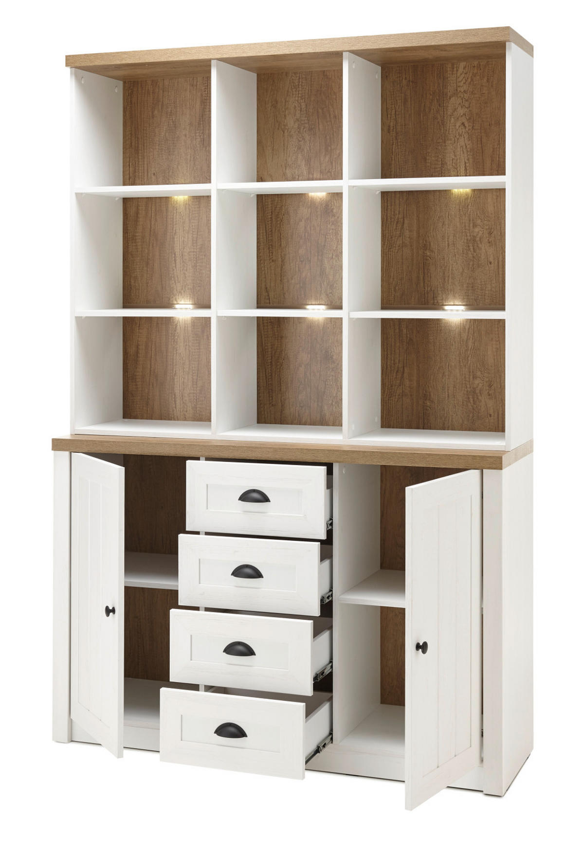 BUFFETSCHRANK weiß Pinie, Eiche hell Landhaus, Buffet 130 x 198 cm - Eichefarben/Schwarz, Holzwerkstoff/Metall (130/198/43cm) - Furn.Design