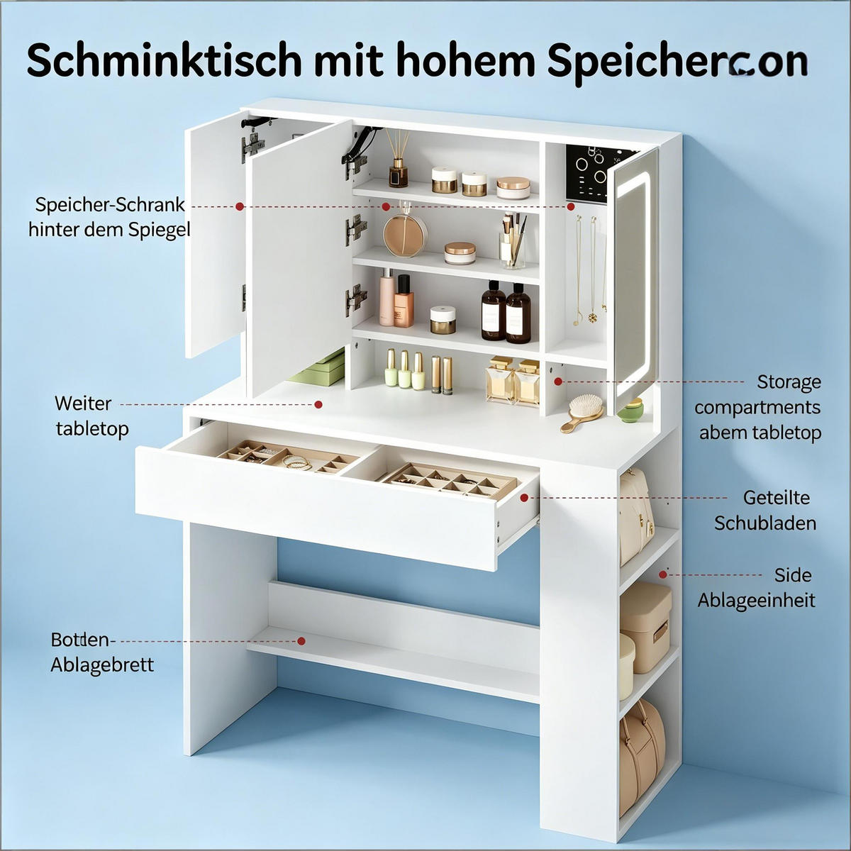 SCHMINKTISCH mit verstellbarem LED-Spiegel und viel Stauraum - Weiß, Glas (90/135/40cm) - Vallsero