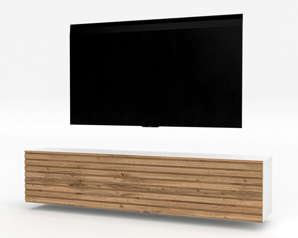 LOWBOARD ZIVOLLI 160 Weiß, Wotan Lamellen 160/34/40 cm – TV-Hängeschrank mit Lamellenfront - Hellbraun/Weiß, Holzwerkstoff/Kunststoff (160/34/40cm) - AX Living