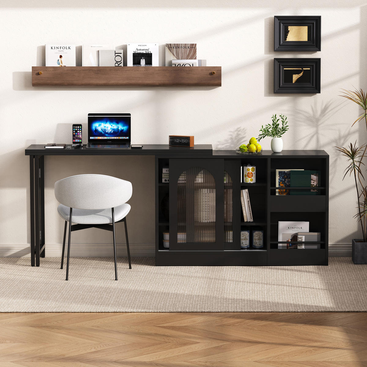 ESSTISCH drehbar & ausziehbar – 360° Bartisch mit Stauraum, Sideboard mit Glastür, reversibel, moderner Küchentisch, Schwarz - Schwarz, Holzwerkstoff (121.5/40/76.7cm) - Ej. Life