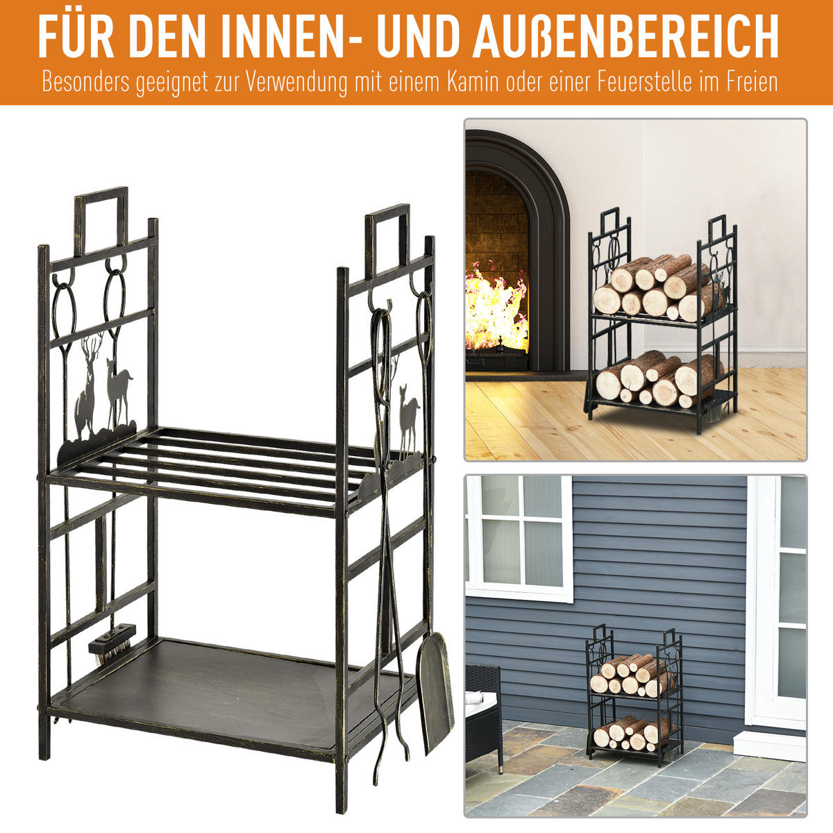 KAMINHOLZSTÄNDER, Eisen, Gold - Goldfarben, Metall (5/33/51cm) - Outsunny