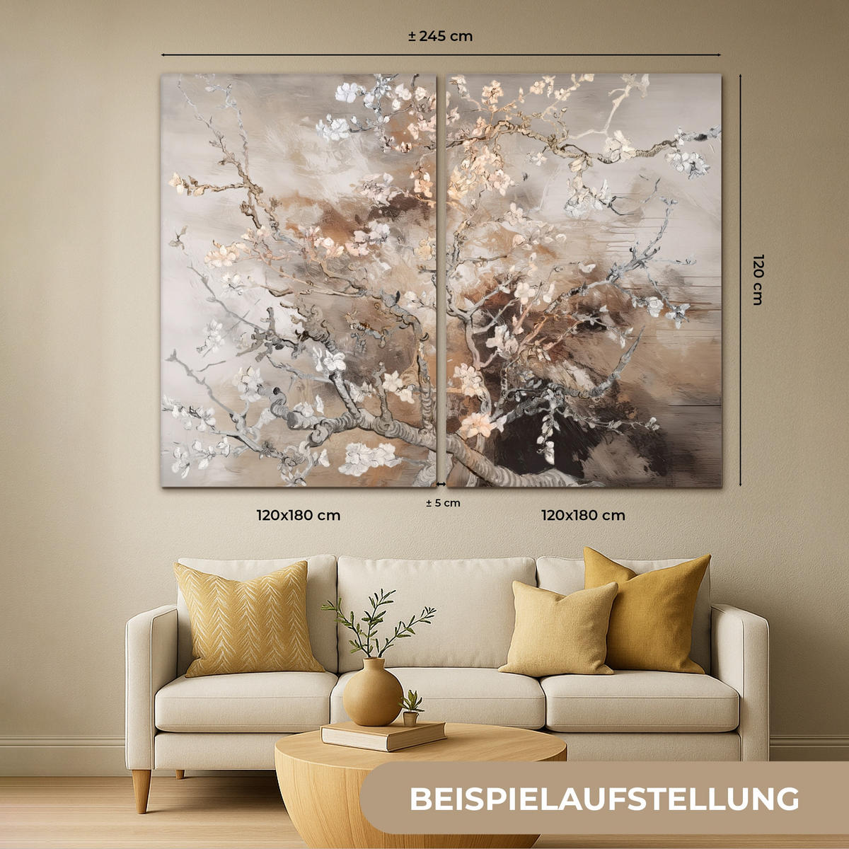 LEINWANDBILD 2er Set Mandelblüte - Abstrakt - Beige 240x180 cm - Beige, Textil (240/180cm) - MuchoWow