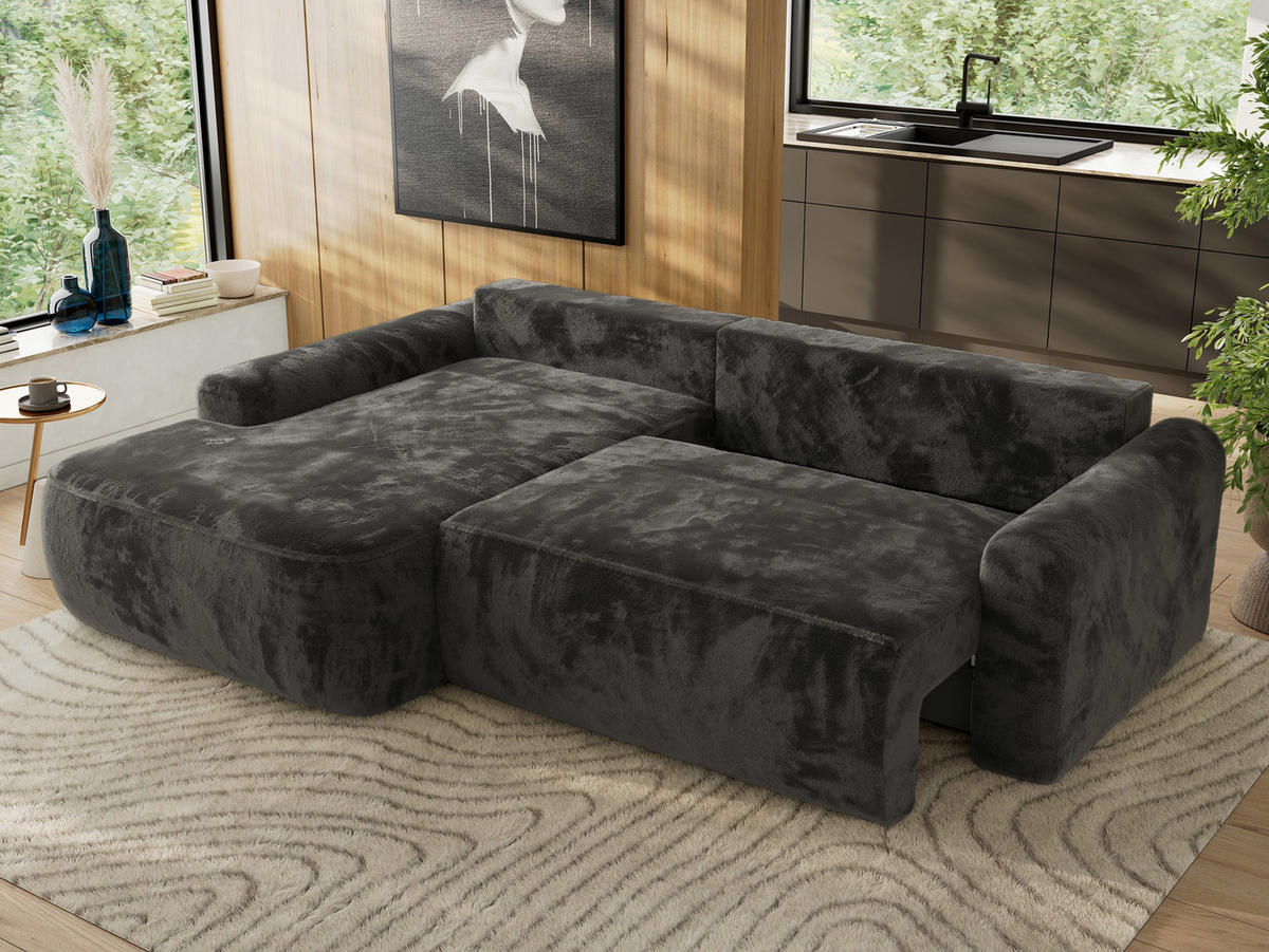 ECKSCHLAFSOFA CUBO L Dunkelgrau Plüsch - links - Dunkelgrau/Schwarz, Kunststoff/Textil (273/187cm) - MKS