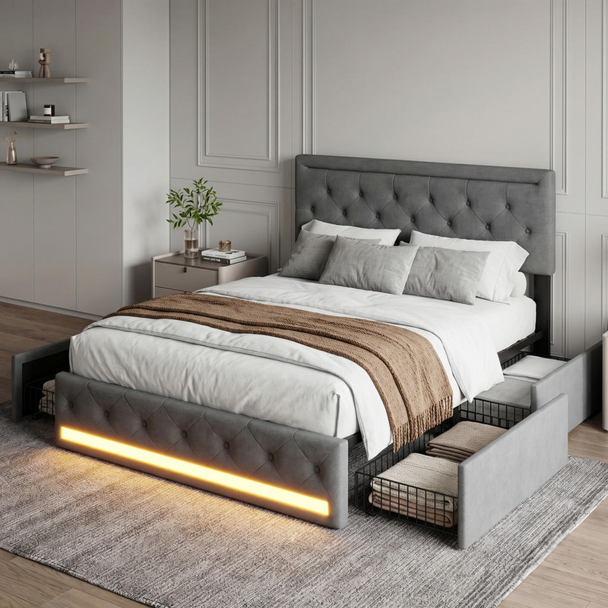 POLSTERBETT 140/200 cm grau mit Schubladen, LED und USB - Grau, Holz