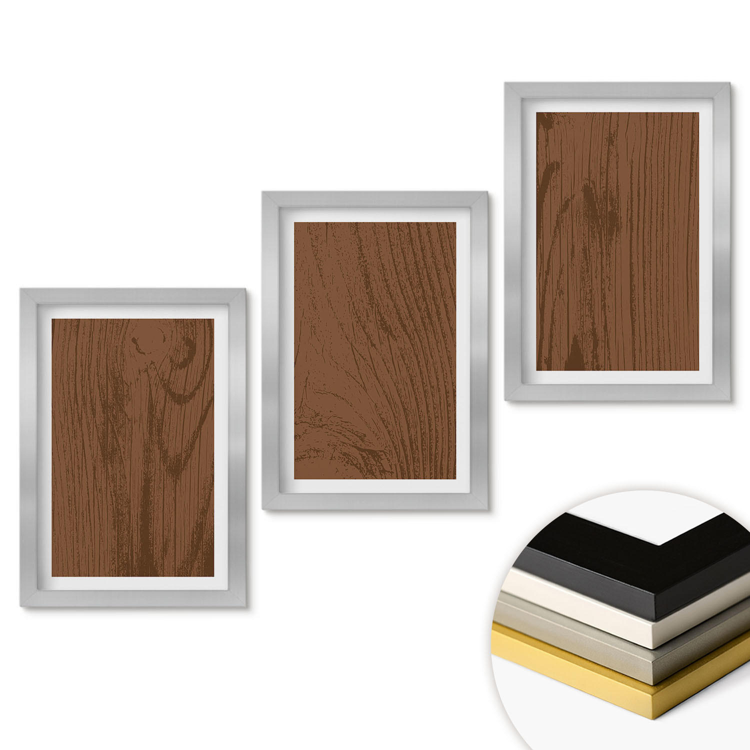 WANDBILDER 3er Set - 20x30 cm Silberner Rahmen - Holzstruktur, Rinde, Minimalismus - Silberfarben, Kunststoff (20/30cm) - ArtPrintCave
