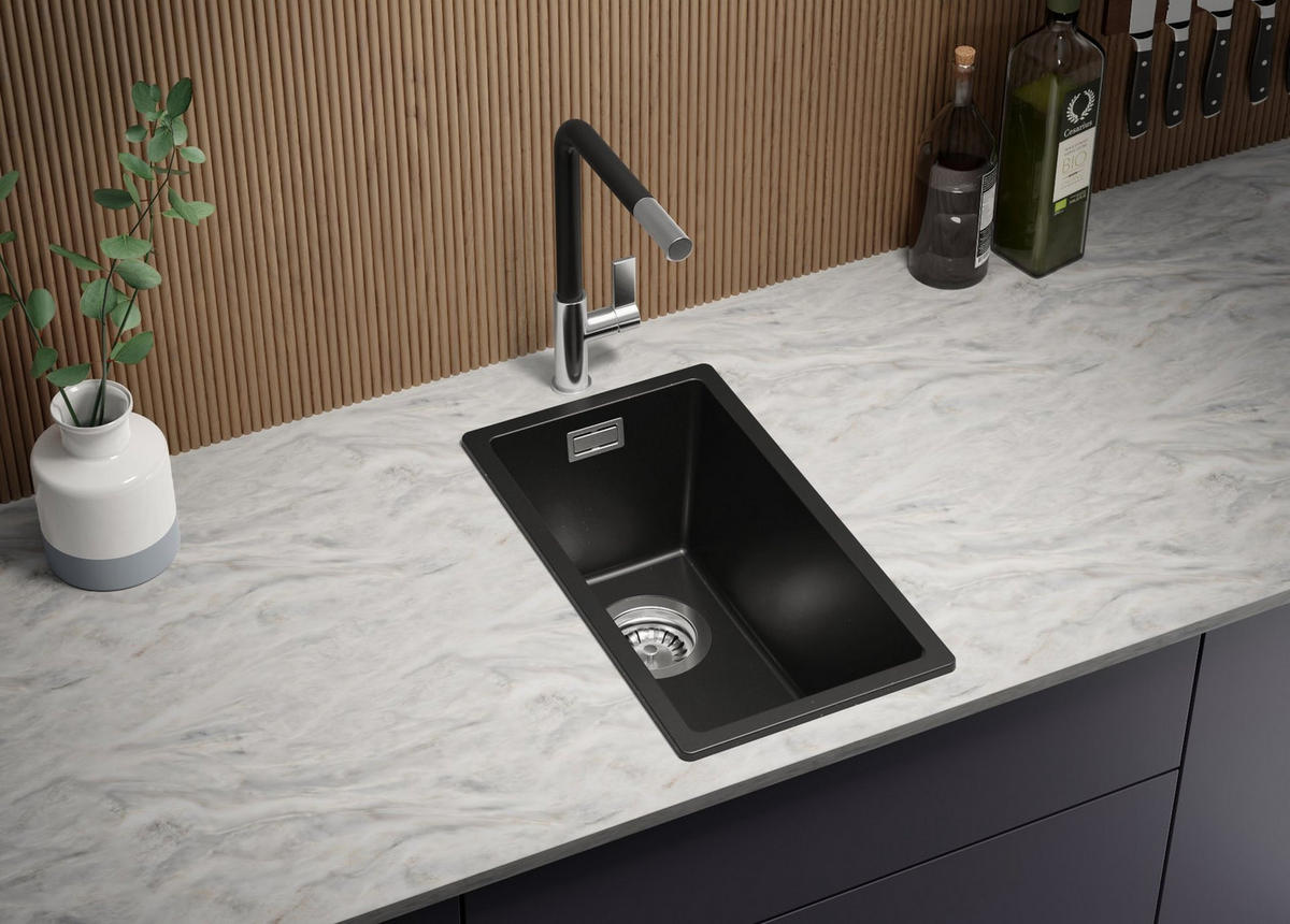 SPÜLBECKEN London Slim, 2-er set Schwarz Metallic 26/47 cm 1 Becken + Ablauf-Set ab 30er Unterschrank - Chromfarben/Schwarz Hochglanz, Kunststoff (26/20/47cm) - Primagran