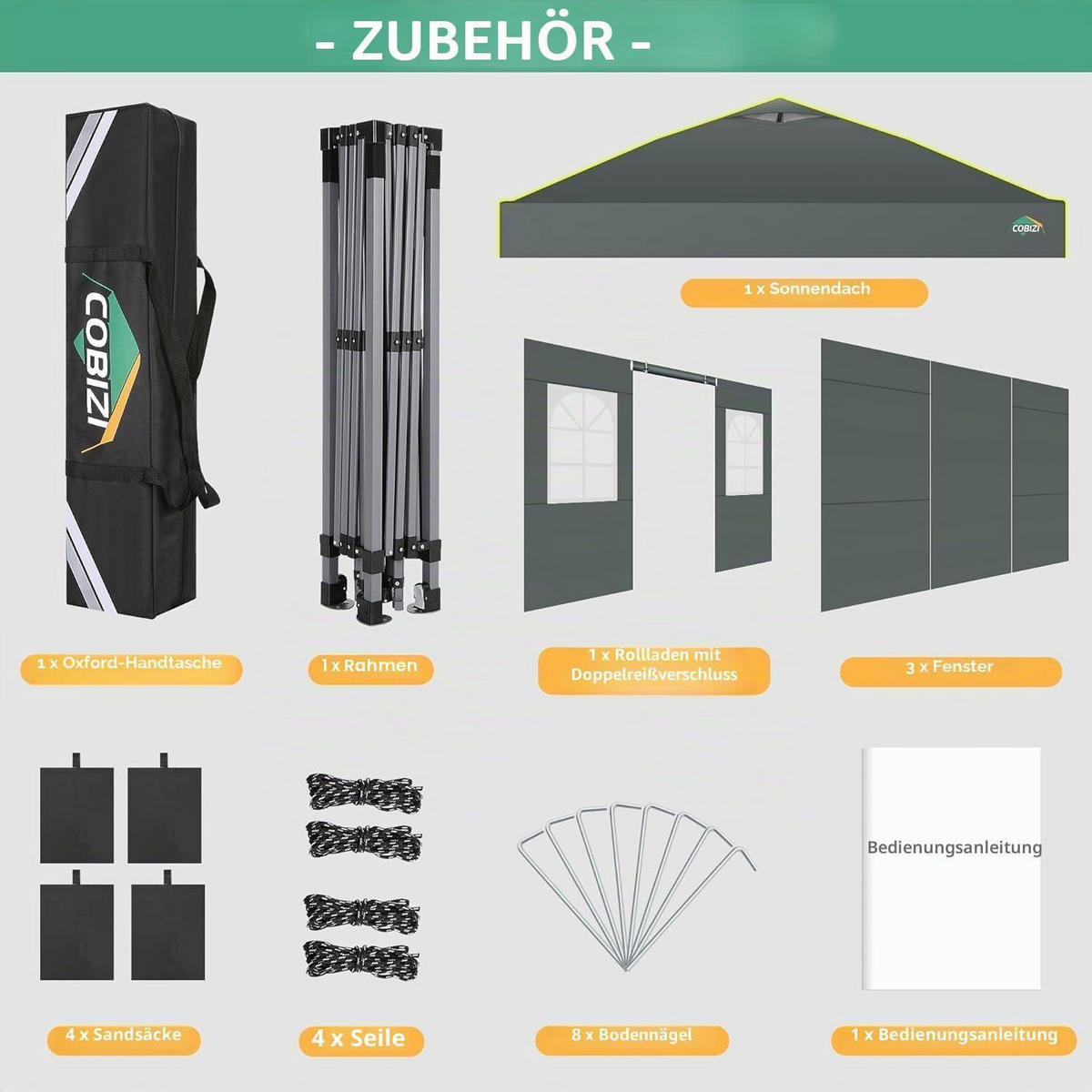 GARTENPAVILLON 3 x 3 m Grau Wasserdicht mit 4 Seitenwänden - Grau, Textil (300/192/300cm)