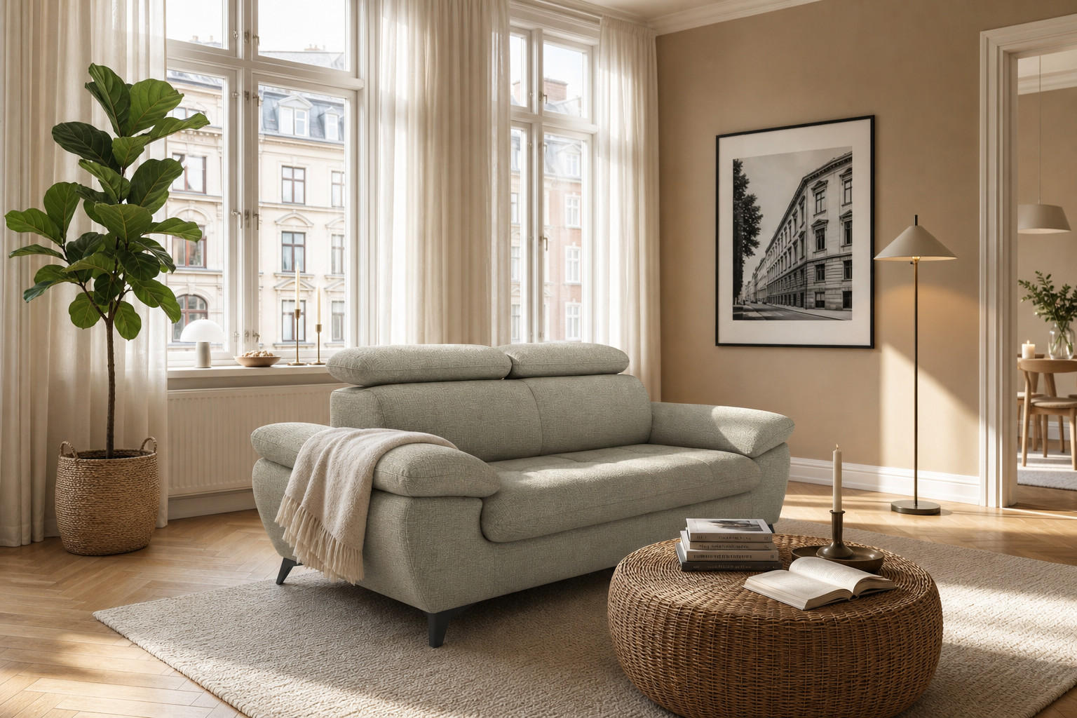 2,5-SITZER Karlstad Chenille Grün verstell. Kopfstützen B 194 cm - Jadegrün, Kunststoff/Textil (194/84/100cm) - foamnova