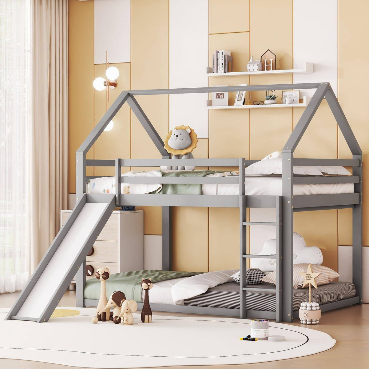 ETAGENBETT mit Rutsche und Leiter 140x200 cm Kiefernholz Grau - Grau, Holzwerkstoff (140/200cm) - Beauniv