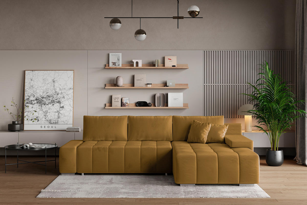 ECKSOFA ALESE R-S Gelb Velours-Stoff mit Schlaffunktion - Gelb, Holz (265/185cm) - MASSENO