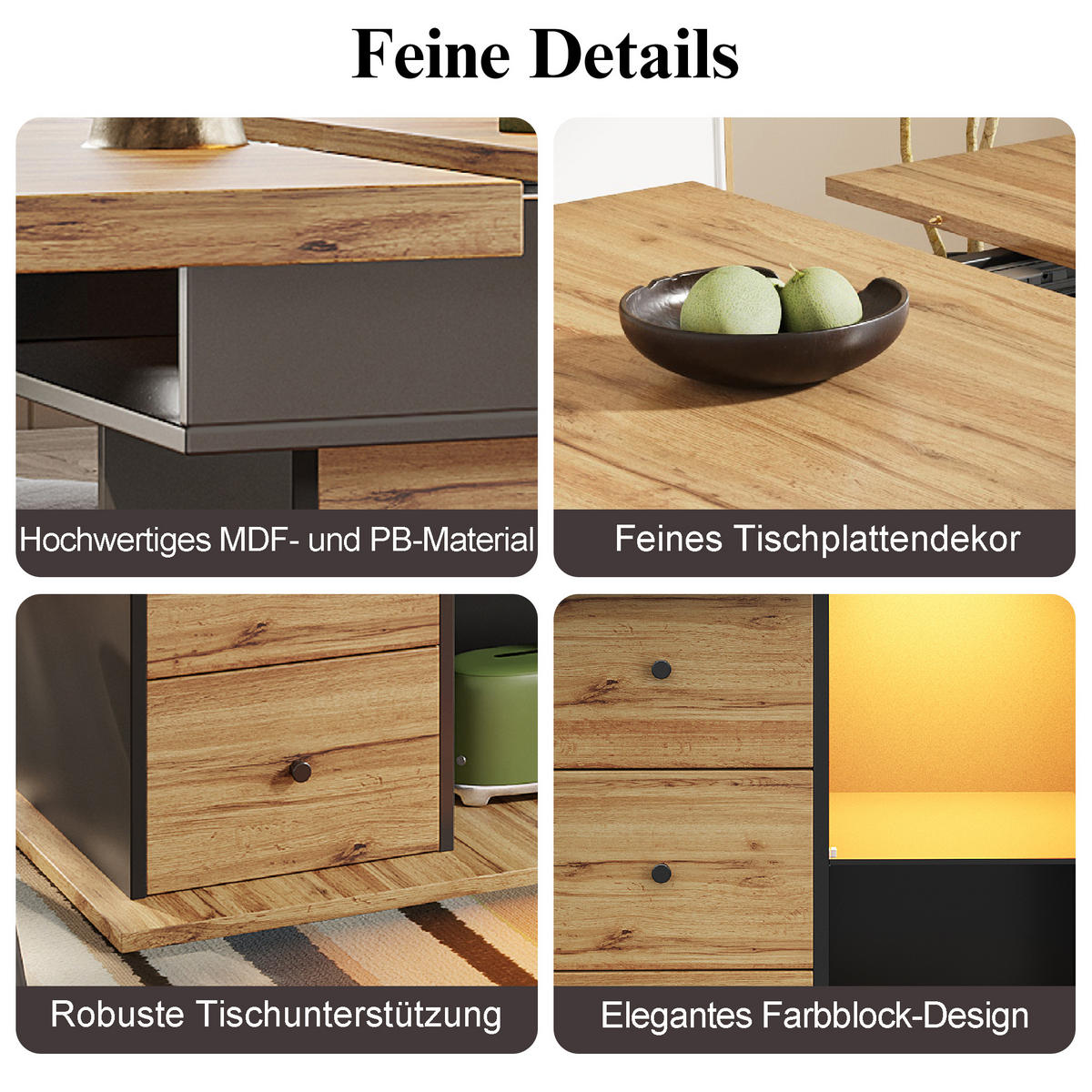 ESSTISCH 110/80/75 cm Schwarz/Natur aus MDF mit LED-Beleuchtung - Schwarz, Holzwerkstoff (110/80/75cm) - OKWISH