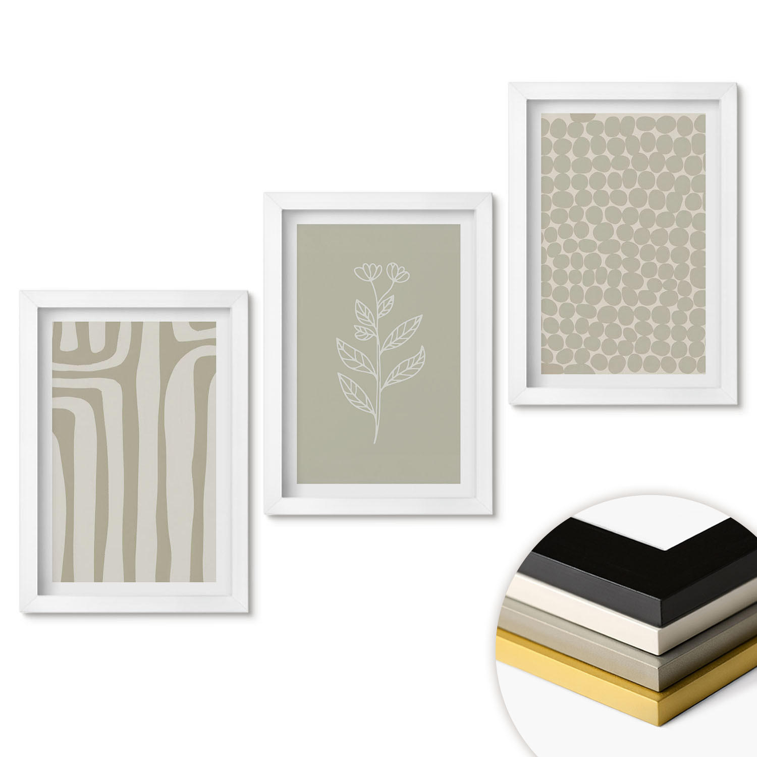 WANDBILDER 3er-Set - 20x30 cm Weißer Rahmen - Geometrische Pflanzenmuster - Weiß, Kunststoff (20/30cm) - ArtPrintCave
