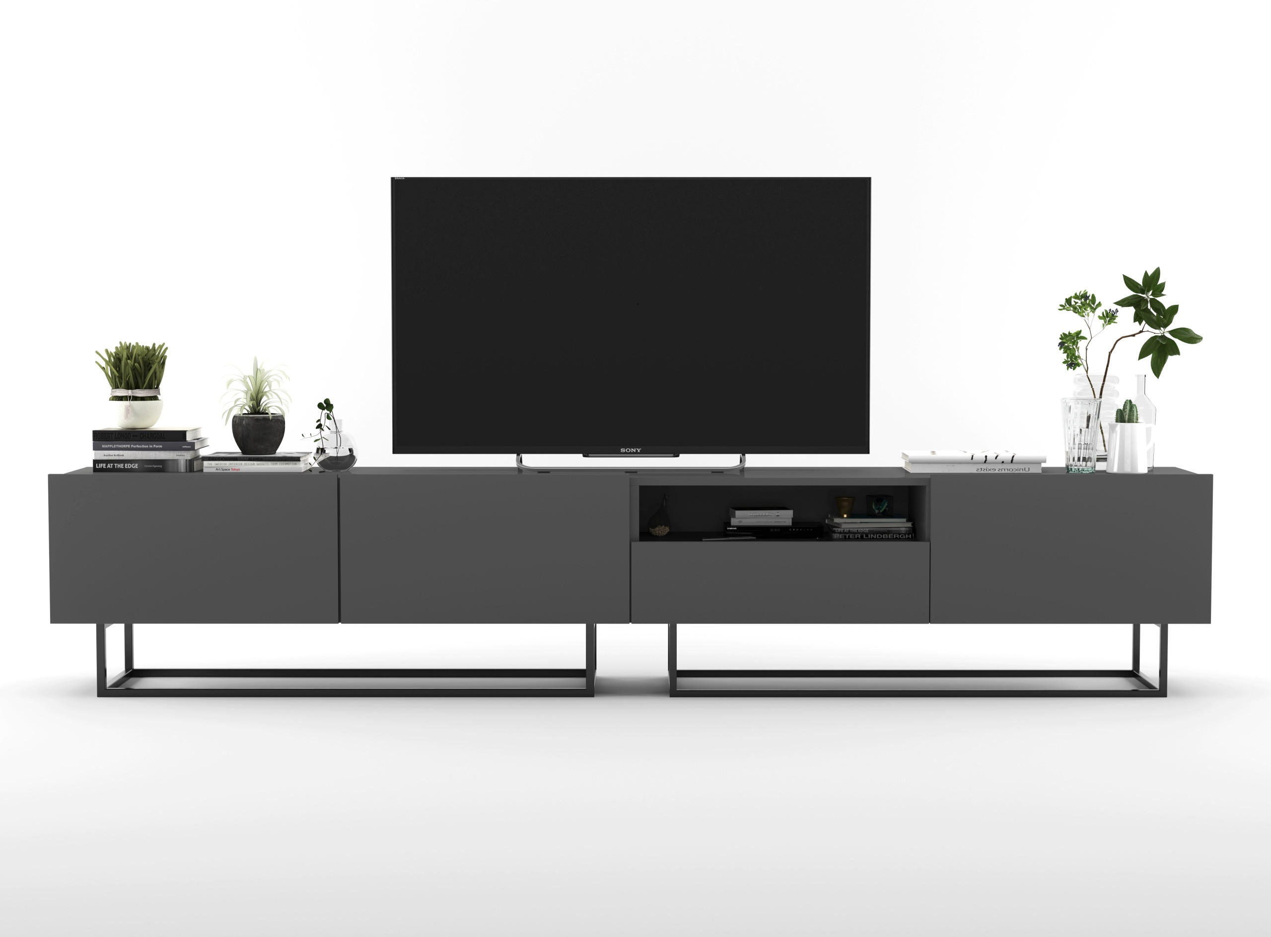 Thumbnail - Meble Lindner Tv-Lowboard, Grau, Holzwerkstoff, 4 Fächer, 1 Schubladen, Rechteckig, 240x46x35 cm, Wohnzimmer, Wohnwände,...