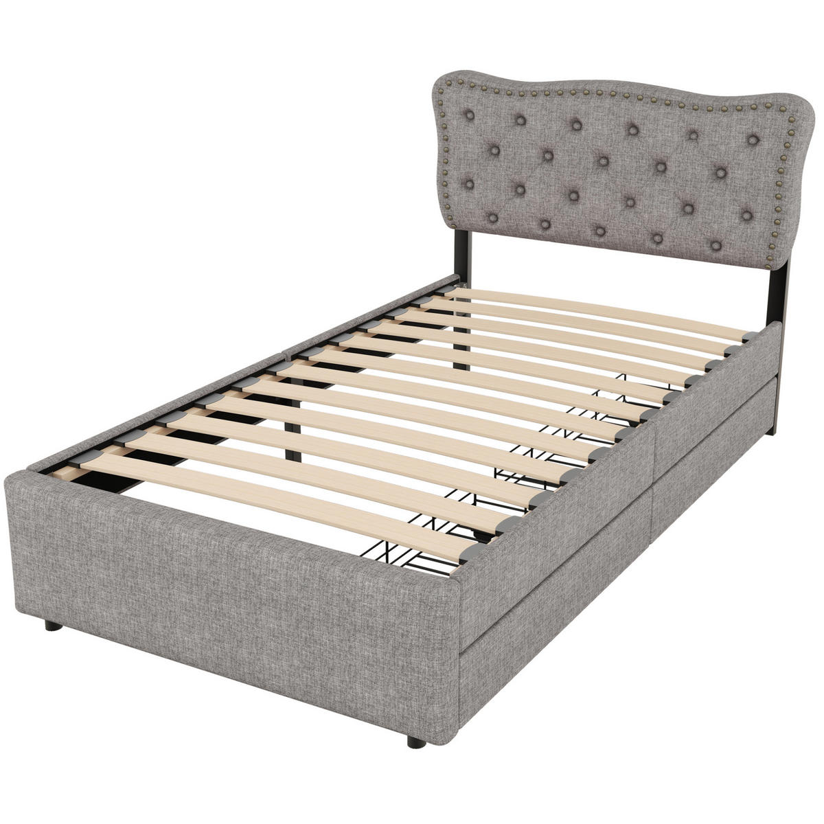 POLSTERBETT aus MDF und Leinenstoff 90x200 cm Grau mit 2 Schubladen - Grau, Textil (90/200cm) - IVMEU