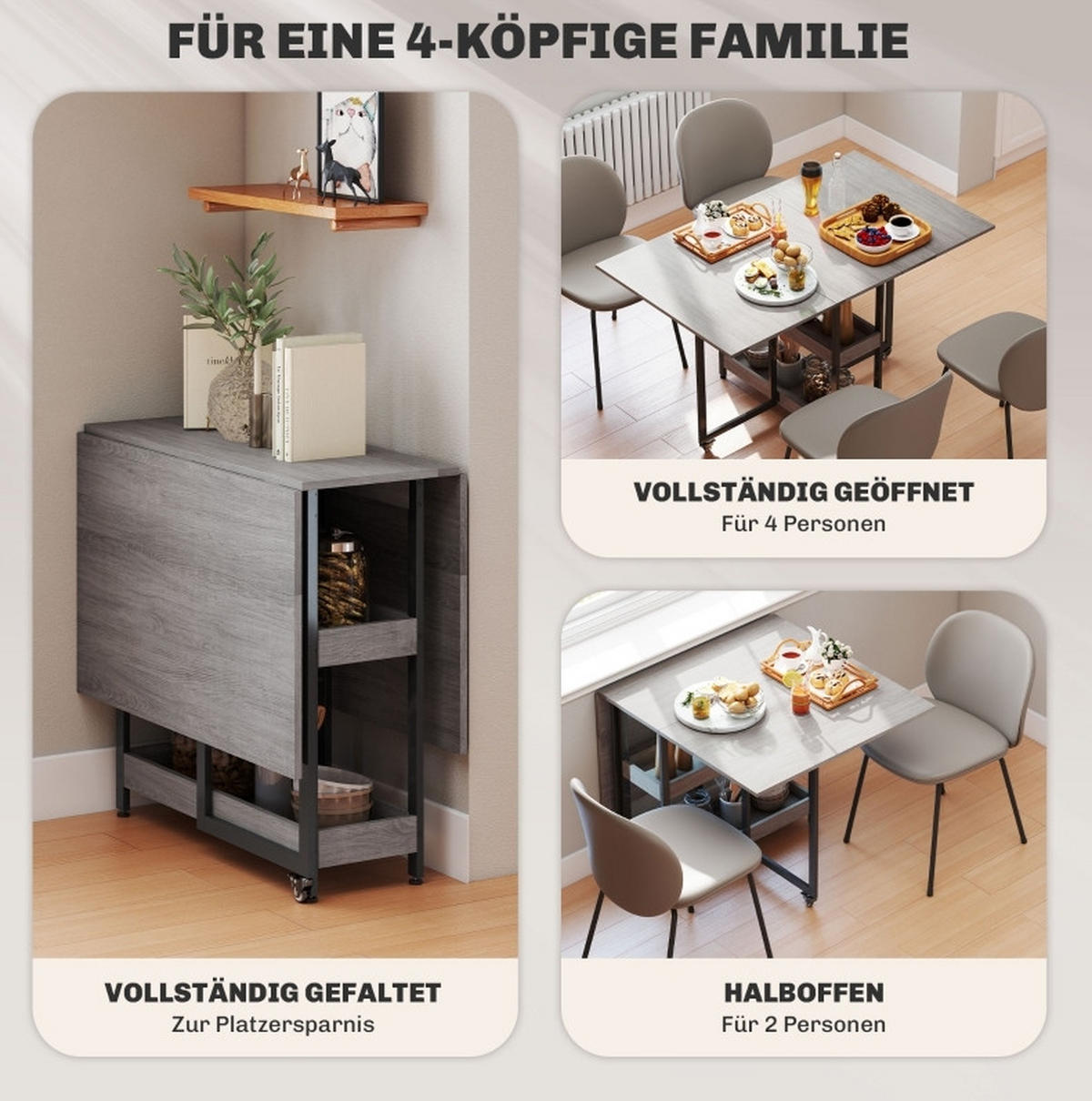 ESSTISCH klappbar 133,4 x 80 x 75 cm Grau mit 2 offenen Fächern - Grau, Holz (133.4/80/75cm) - Meubliv