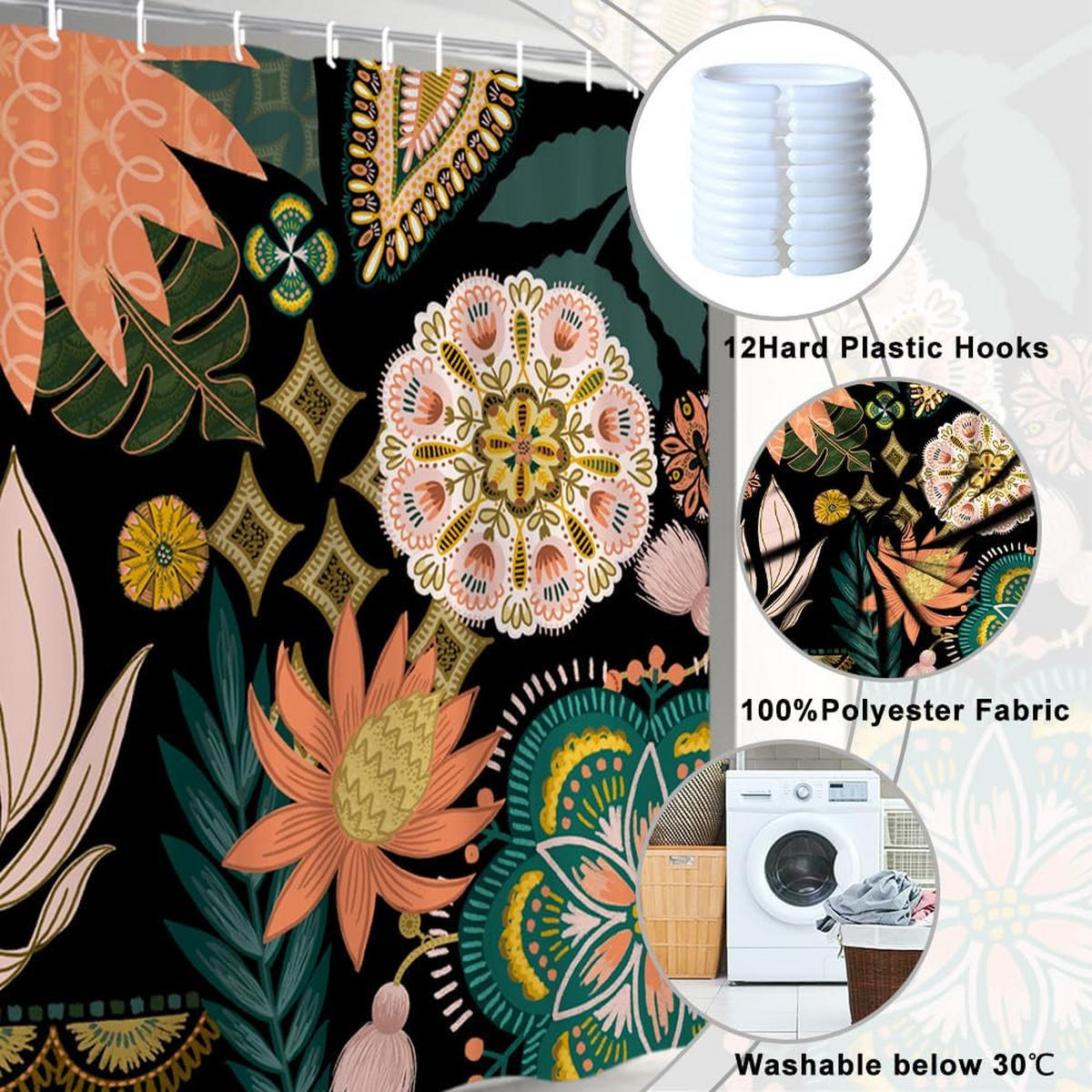 DUSCHVORHANG Rosa Blumen Blatt Grün Badewanne schimmelresistent wasserdicht Stoff Polyester waschbar Badezimmer - Multicolor, Textil (180/180cm) - MCBOSON