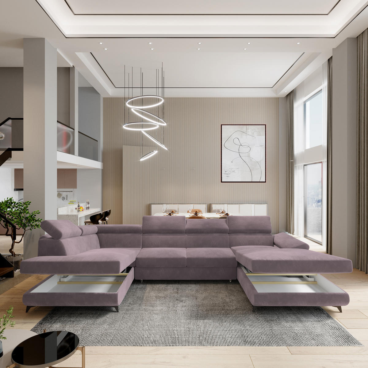 WOHNLANDSCHAFT RUBANO L-S Lila Velours-Stoff mit Schlaffunktion - Lila, Holz (339/89/190cm) - MASSENO