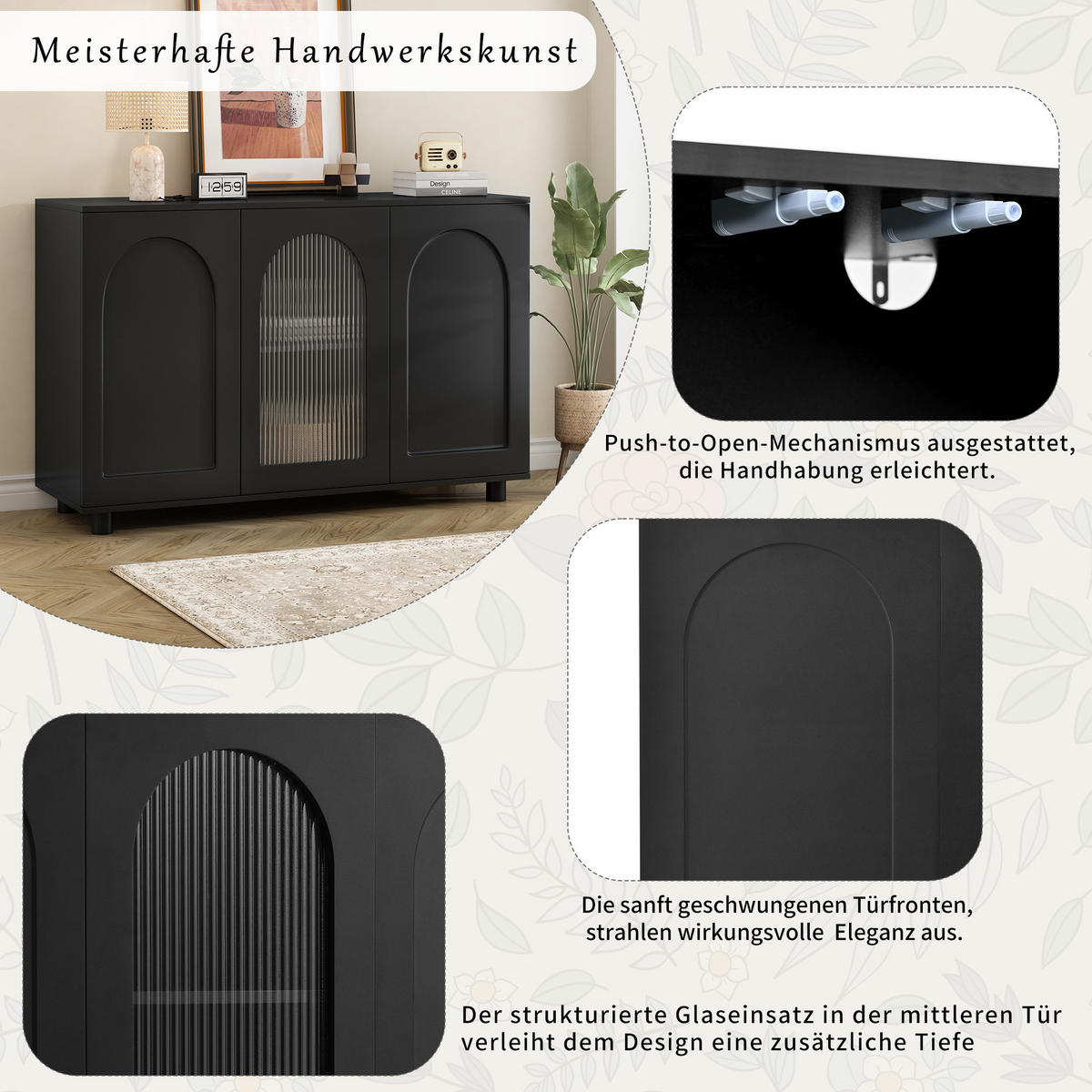 SIDEBOARD 120 cm Schwarz MDF mit Glastür, Push-to-Open und verstellbaren Regalen - Schwarz, Holzwerkstoff (120/78.5/40cm) - Urban Meuble