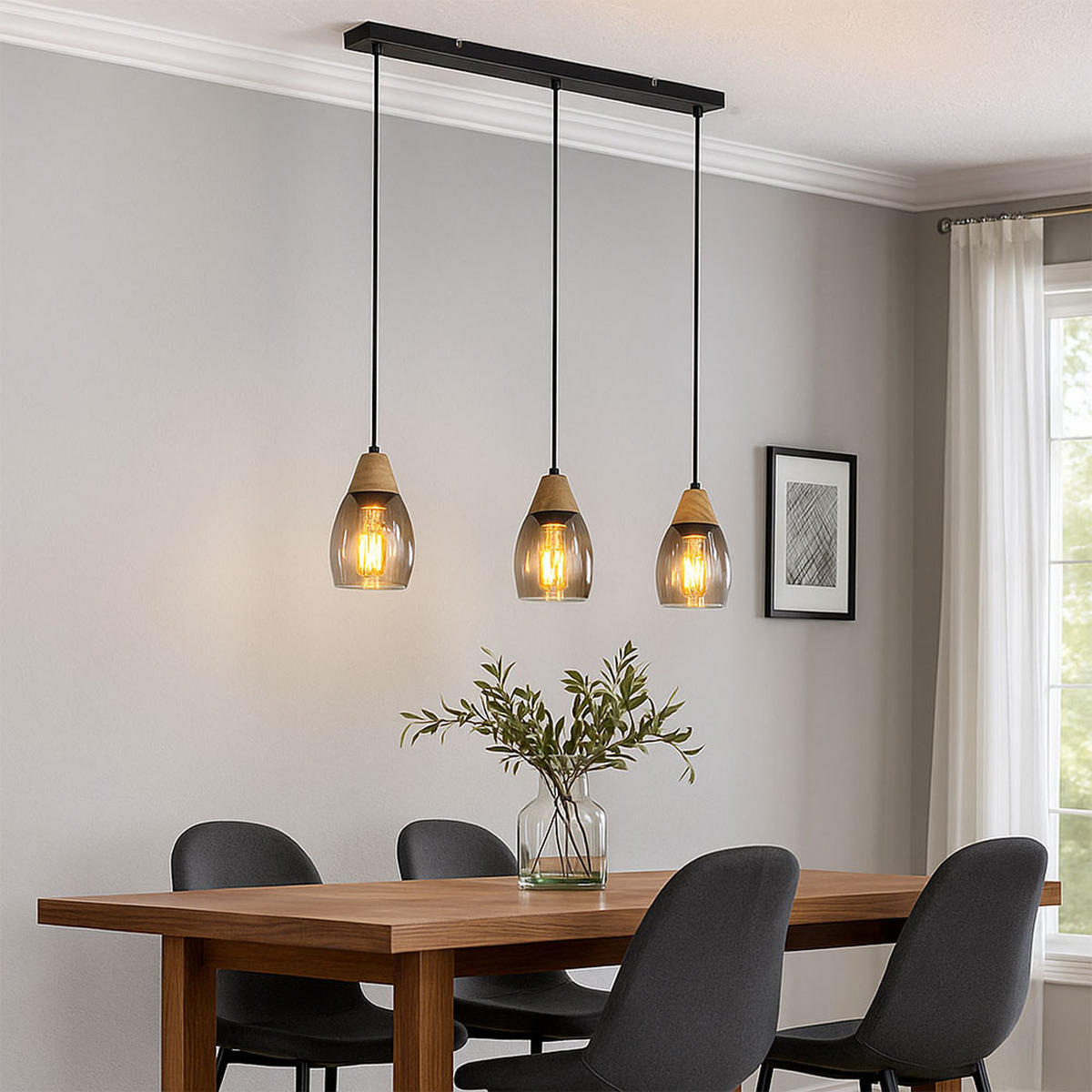 HÄNGELEUCHTE Metall Schwarz Glas rauchfarben - Schwarz, Holz (55/10/120cm) - Globo Lighting