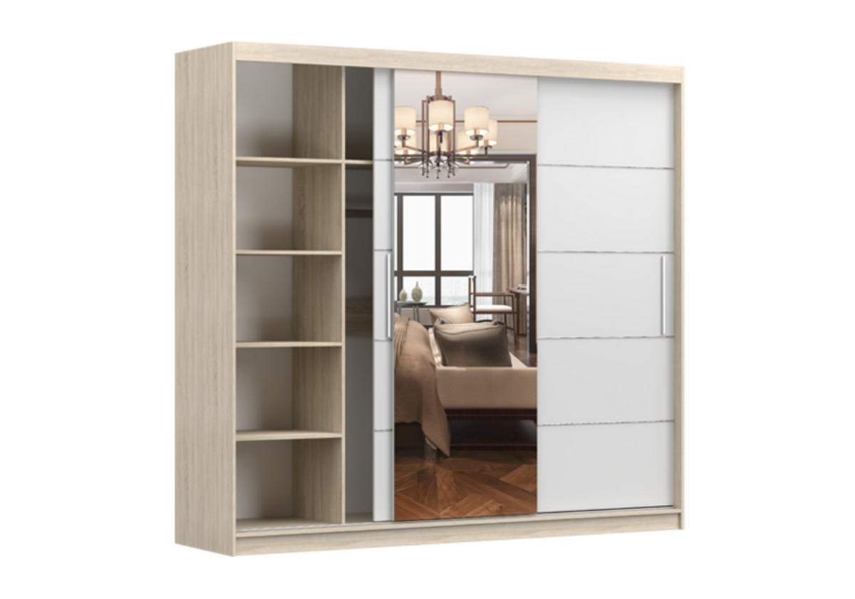 SCHIEBETÜRENSCHRANK - ALFA (Graphit + Sonoma) - Graphitfarben/Sonoma Eiche, Holzwerkstoff/Metall (233/218/61cm) - Möblo