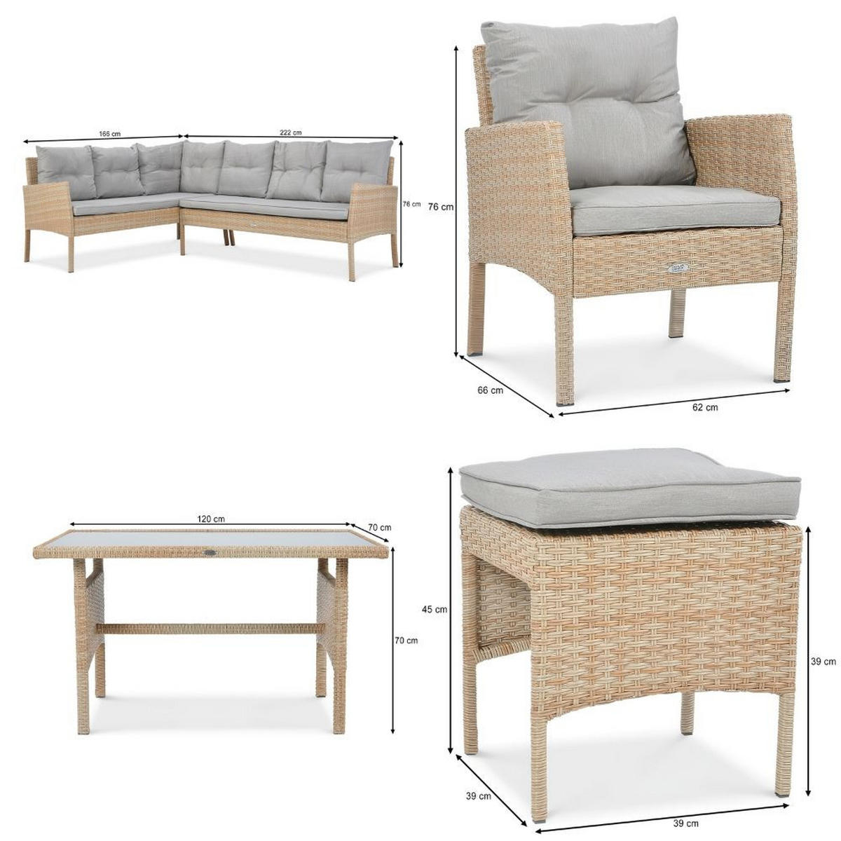 GARTENSET Calista, Technorattan, 2 Ecksofas + Sessel + 2 Hocker + Esstisch, für 7 Personen - Beige, Kunststoff - Beautysofa