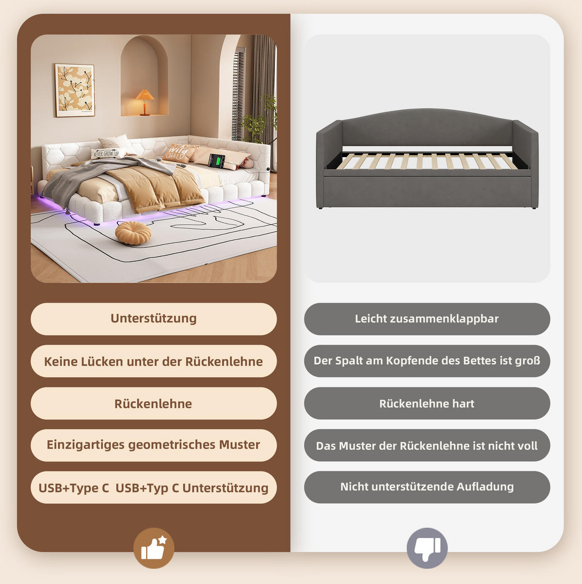 POHOVKA na spaní 140/200 cm bílá z MDF a imitace fleecu s LED osvětlením a USB - bílá, textil (140/200cm) - OKWISH