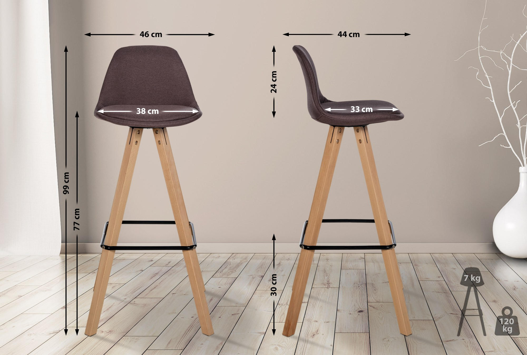 BARHOCKER PALMA Braun Stoff Braun - Braun, Holz/Textil (38/99/44cm) - DELUKE