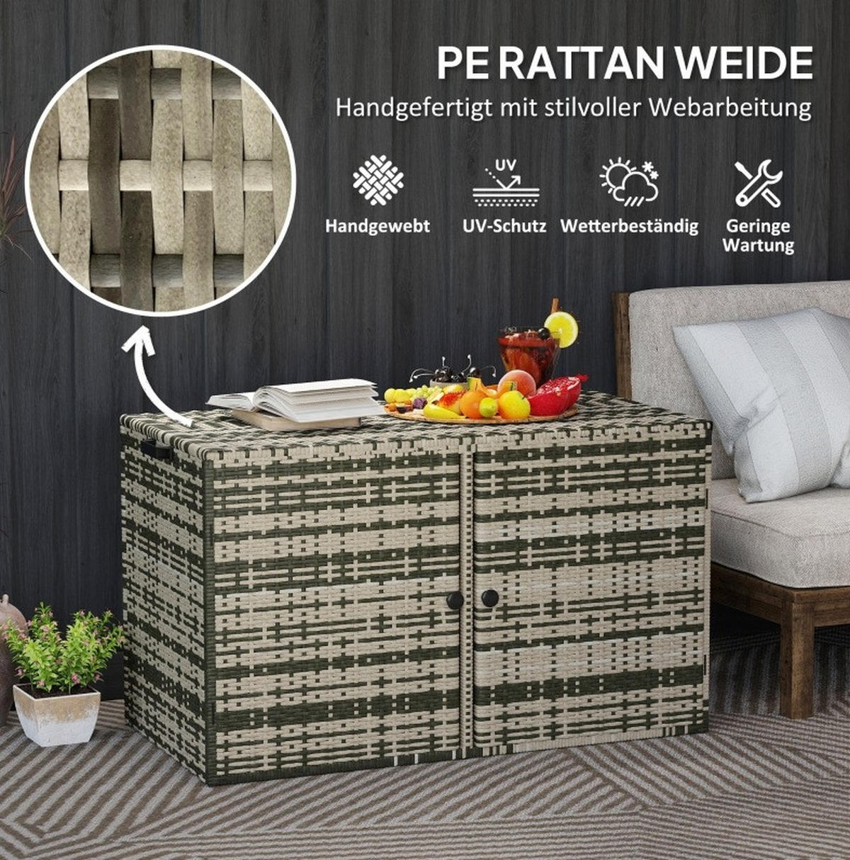 AUFLAGENBOX 118/57/69 cm mit 350 L Stauraum, Gasdruckfedern und Tragegriffen aus Stahl und PE-Rattan, Grau - Grau, Metall (57/69/118cm) - Redom