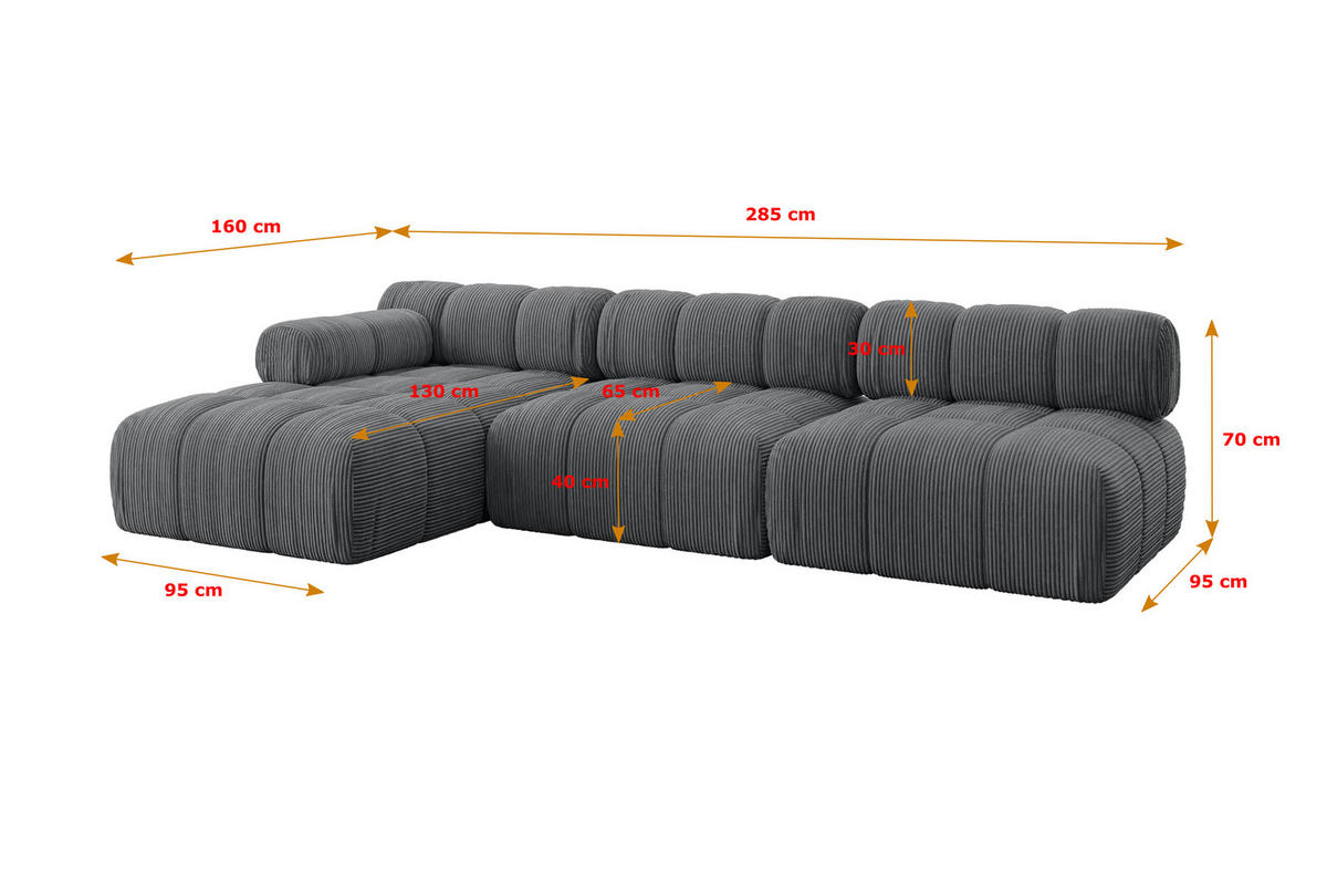 ECKSOFA modulares Sofa Razon-L2 - 285x160x70 cm Dunkelgrau Cord - Dunkelgrau, Holzwerkstoff/Textil (285/160cm) - ALTDECOR