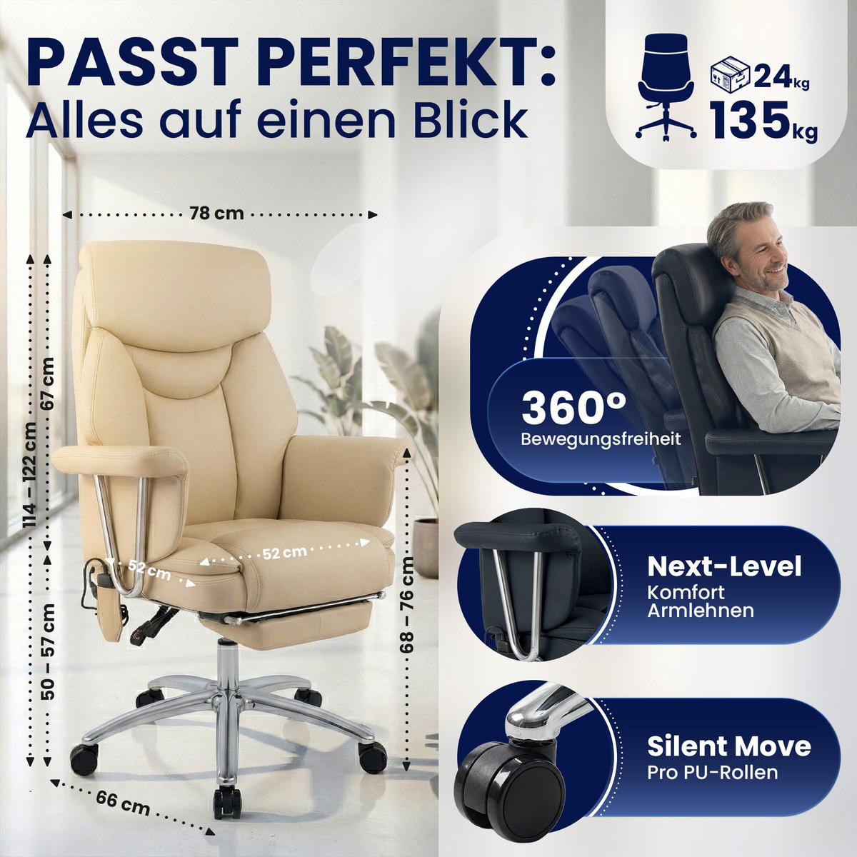 CHEFSESSEL Echtleder Creme - Chromfarben/Creme, Leder/Metall (78/114/66cm) - CLP
