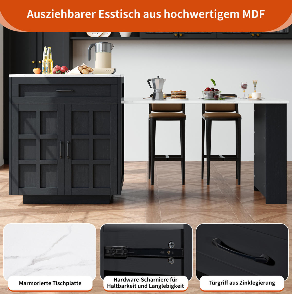 BARTISCH 133-202/70/93,5 cm in Schwarz mit Stauraum und ausziehbarer Tischplatte - Schwarz, Holzwerkstoff (133/70/93.5cm) - BEAOK