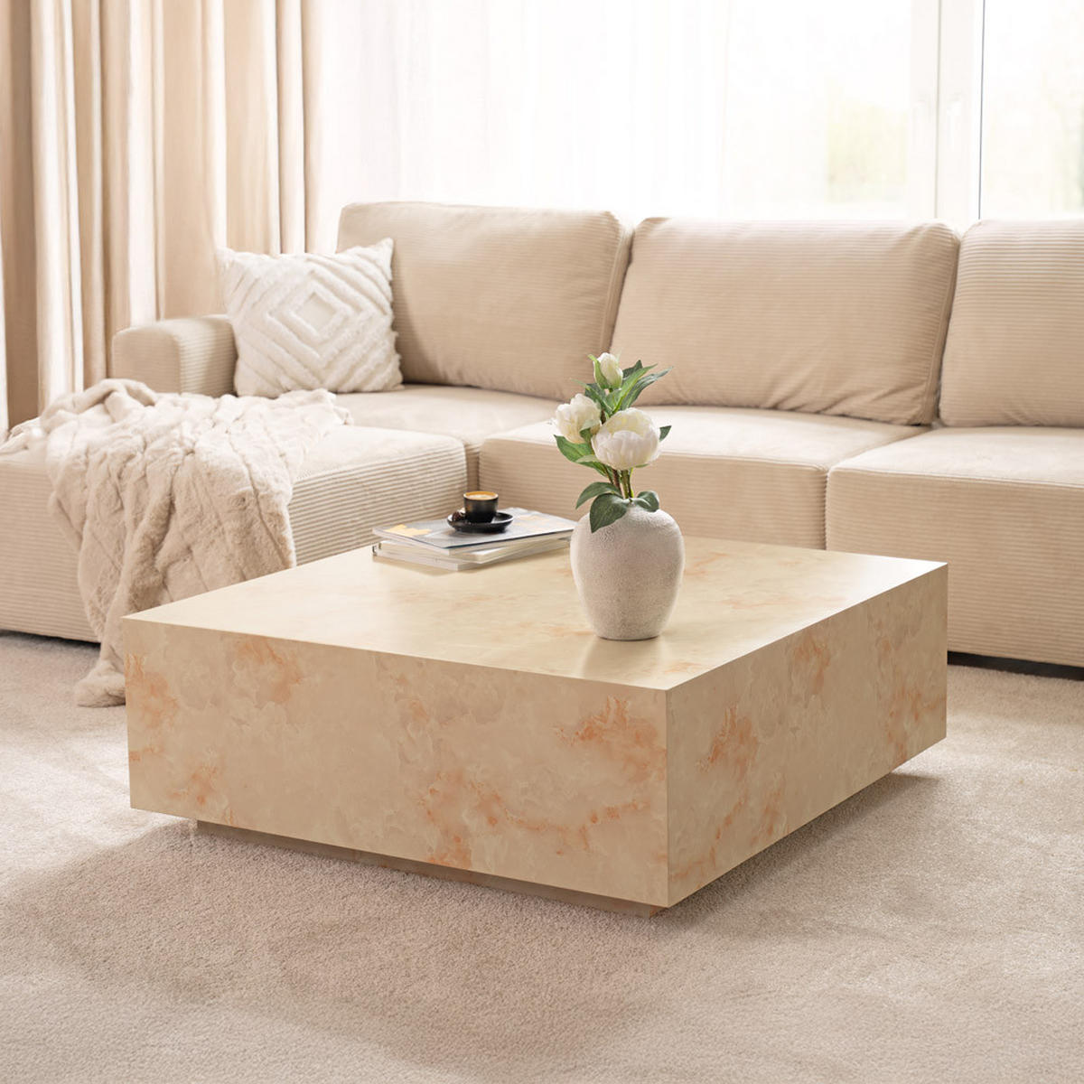 COUCHTISCH AMIRI XL - Sandstein, 95 x 35 x 95 cm - Beige, Holzwerkstoff/Textil (95/95/35cm) - Home Deluxe