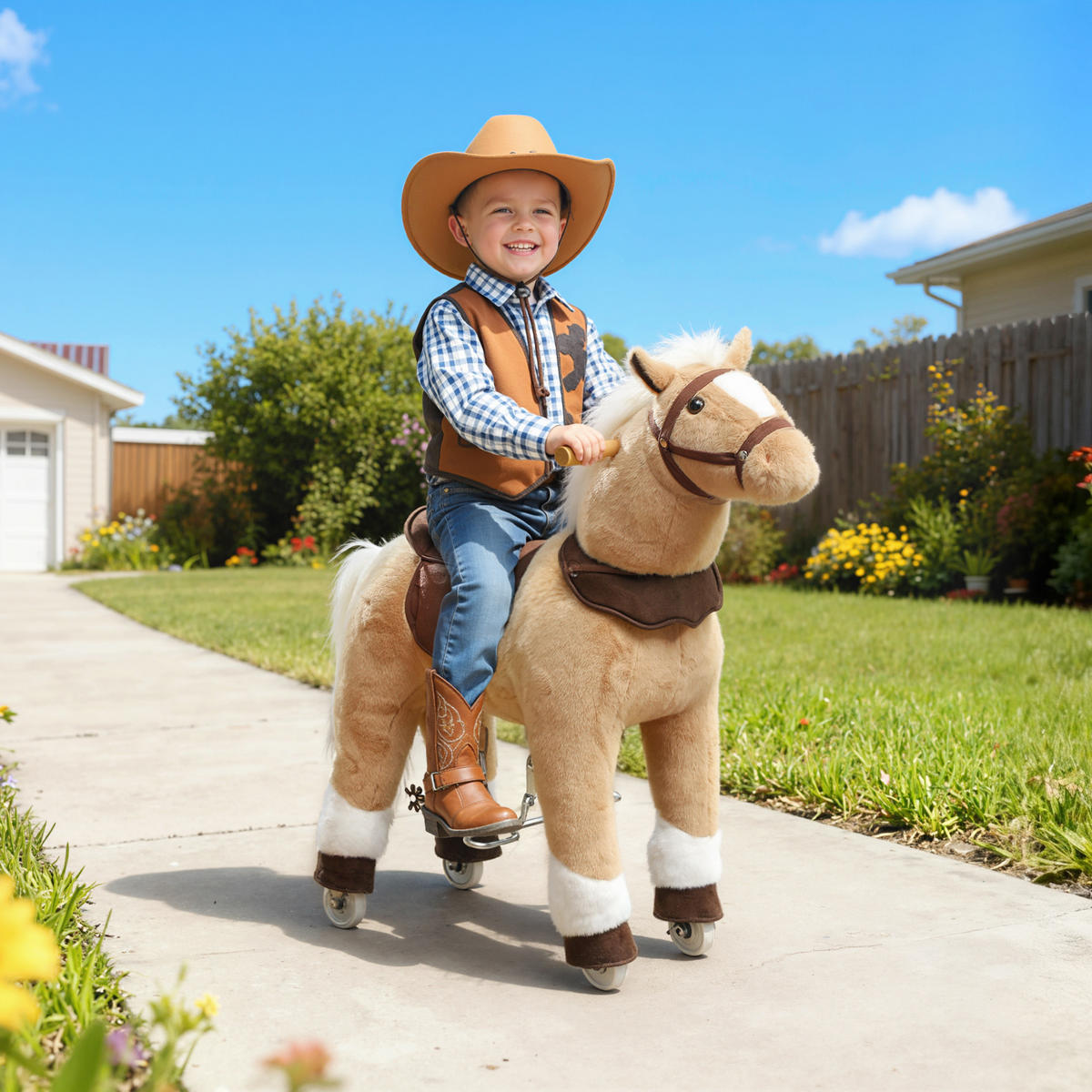 REITPFERD Spielpferd zum Reiten mit Sattel Rollen 80 cm Stehpferd Braun - Braun, Textil (32/80/72cm) - AIYAPLAY