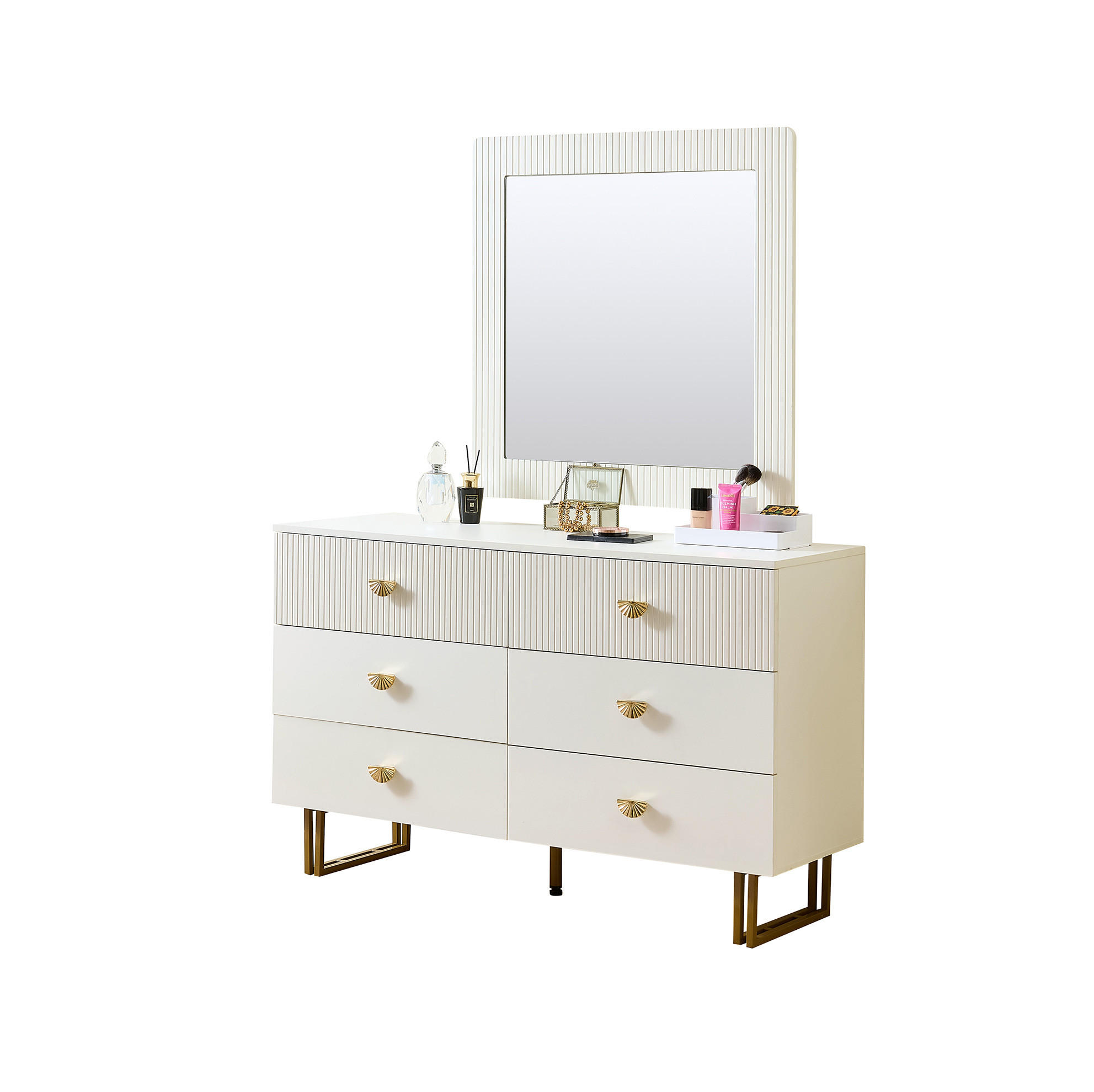 SIDEBOARD-SET mit Spiegel 120/40/75 cm in Weiß mit 6 Schubladen - Weiß, Holzwerkstoff (120/40/75cm) - BEAOK