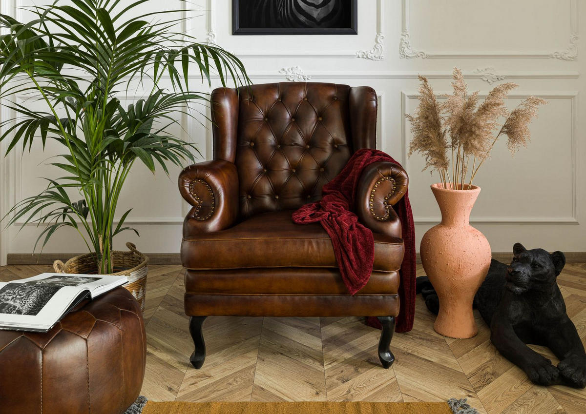 OHRENSESSEL Echtleder 88x80x108 braun CHESTERFIELD #101 - Braun, Leder (88/108/80cm) - Massivmoebel24