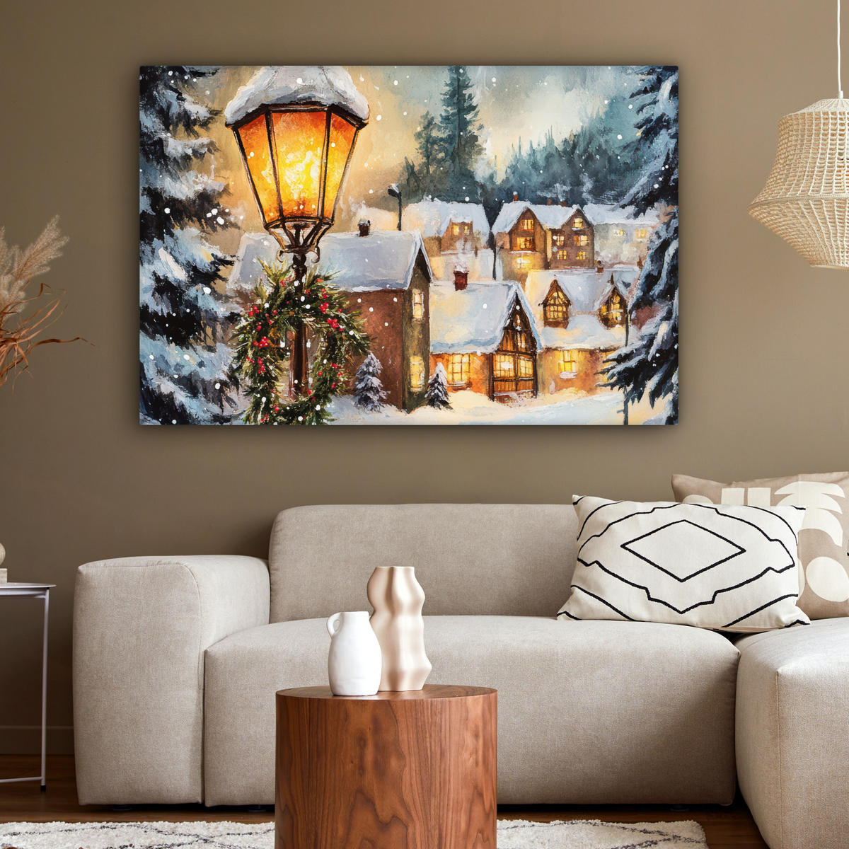 LEINWANDBILD Weihnachtsdorf - Häuser - Schnee - Weihnachten Wohnzimmer 120x80 cm - Sandfarben, Textil (120/80cm) - MuchoWow