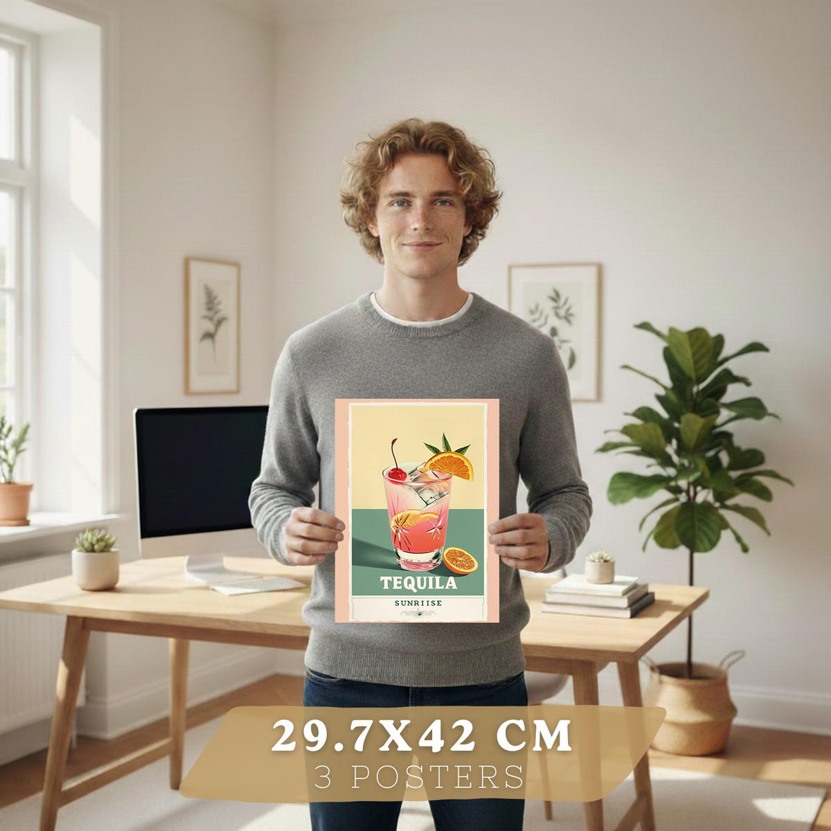 PLAKAT Sada 3 Koktejly A3 Lehký dřevěný rám - béžová, papír (29.7/1/42cm) - Nacnic