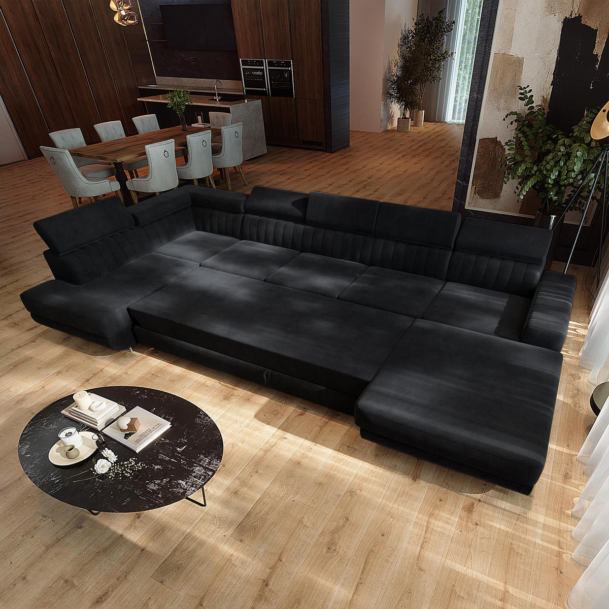 WOHNLANDSCHAFT GAIAN Schwarz Velours-Stoff mit Schlaffunktion - Schwarz, Holz (412/88/190cm) - MASSENO