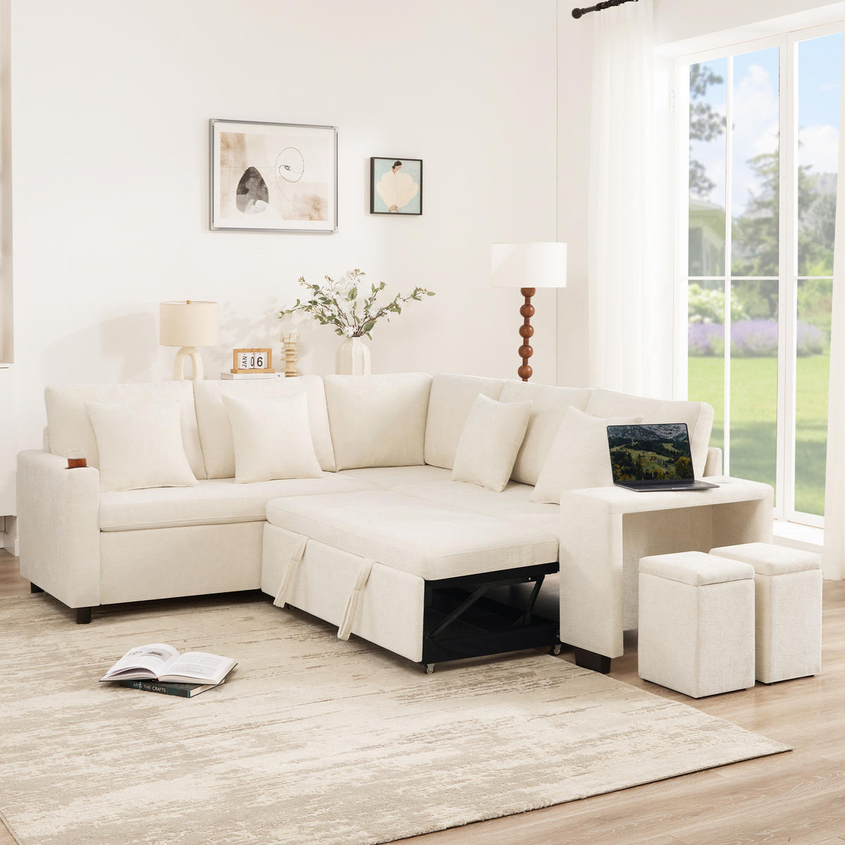 SCHLAFSOFA Beige L-Form USB Stauraum Getränkehalter Kissen - Beige, Textil (205/220cm) - FLIEKS
