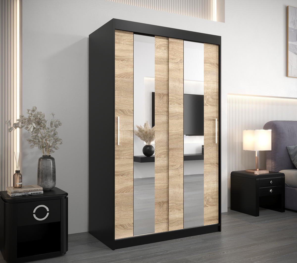 SCHWEBETÜRENSCHRANK 200/120/62 2-türig - Silberfarben/Schwarz, Holz/Kunststoff (120/200/62cm) - Abiks Möbel