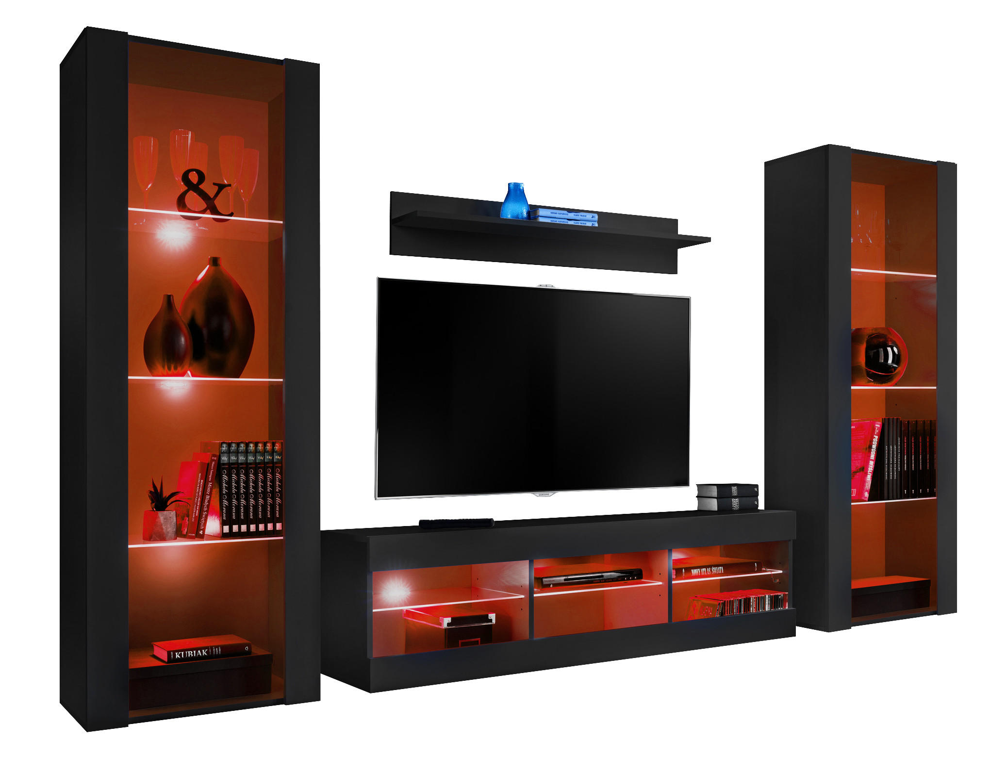 WOHNZIMMERSET TIVOLI GRANDE, 4er-Set, Schwarz, LED Mehrfarbige - Schwarz, Glas/Holzwerkstoff (250/159/35cm) - Komodee