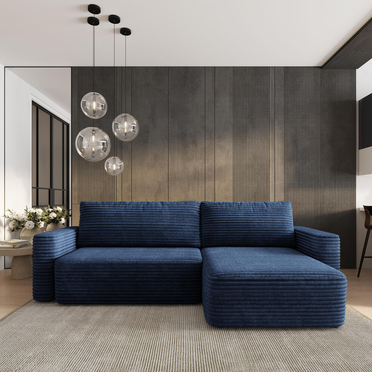 ECKSOFA TELIN Blau Kordstoff mit Schlaffunktion - Blau, Holz (280/162cm) - MASSENO