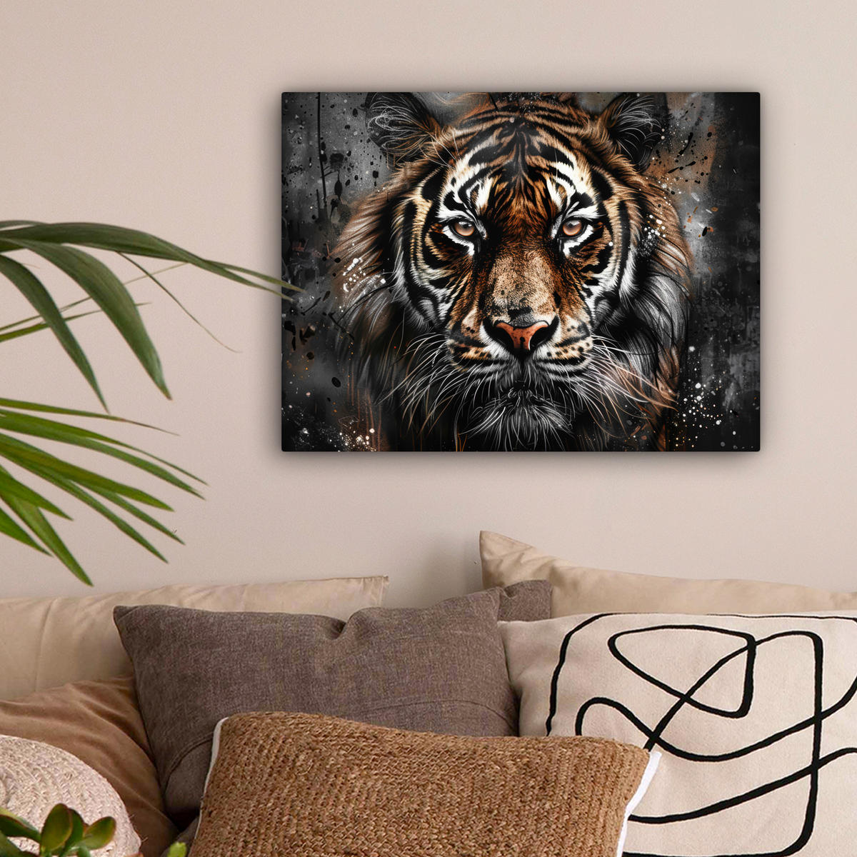 LEINWANDBILD Tiger - Tiere - Porträt - Luxus - Schwarz Wandbild 40x30 cm - Anthrazit, Textil (40/30cm) - MuchoWow