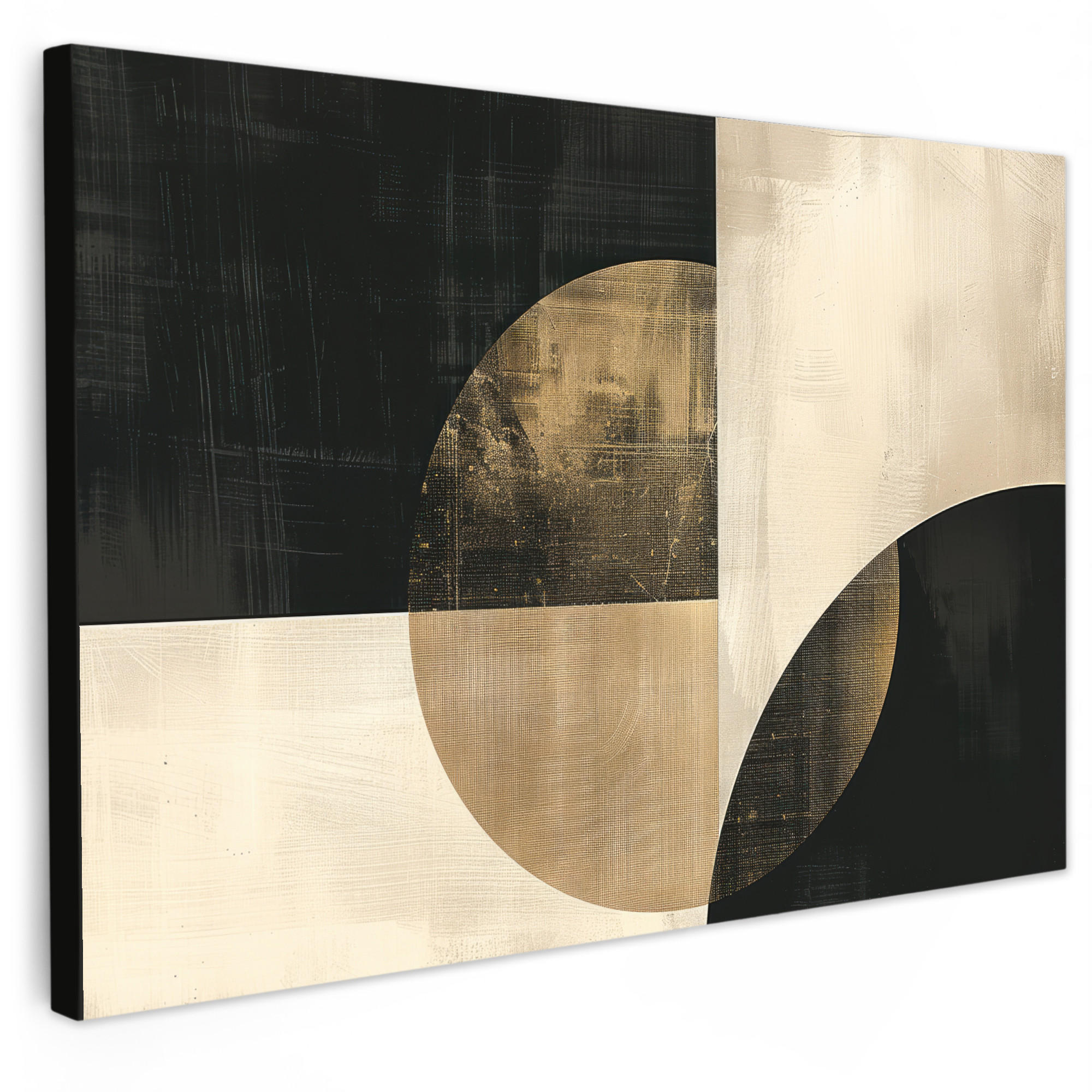 LEINWANDBILD Abstrakt - Geometrische Formen - Schwarz - Gold XXL 150x100 cm - Ecru, Textil (150/100cm) - MuchoWow