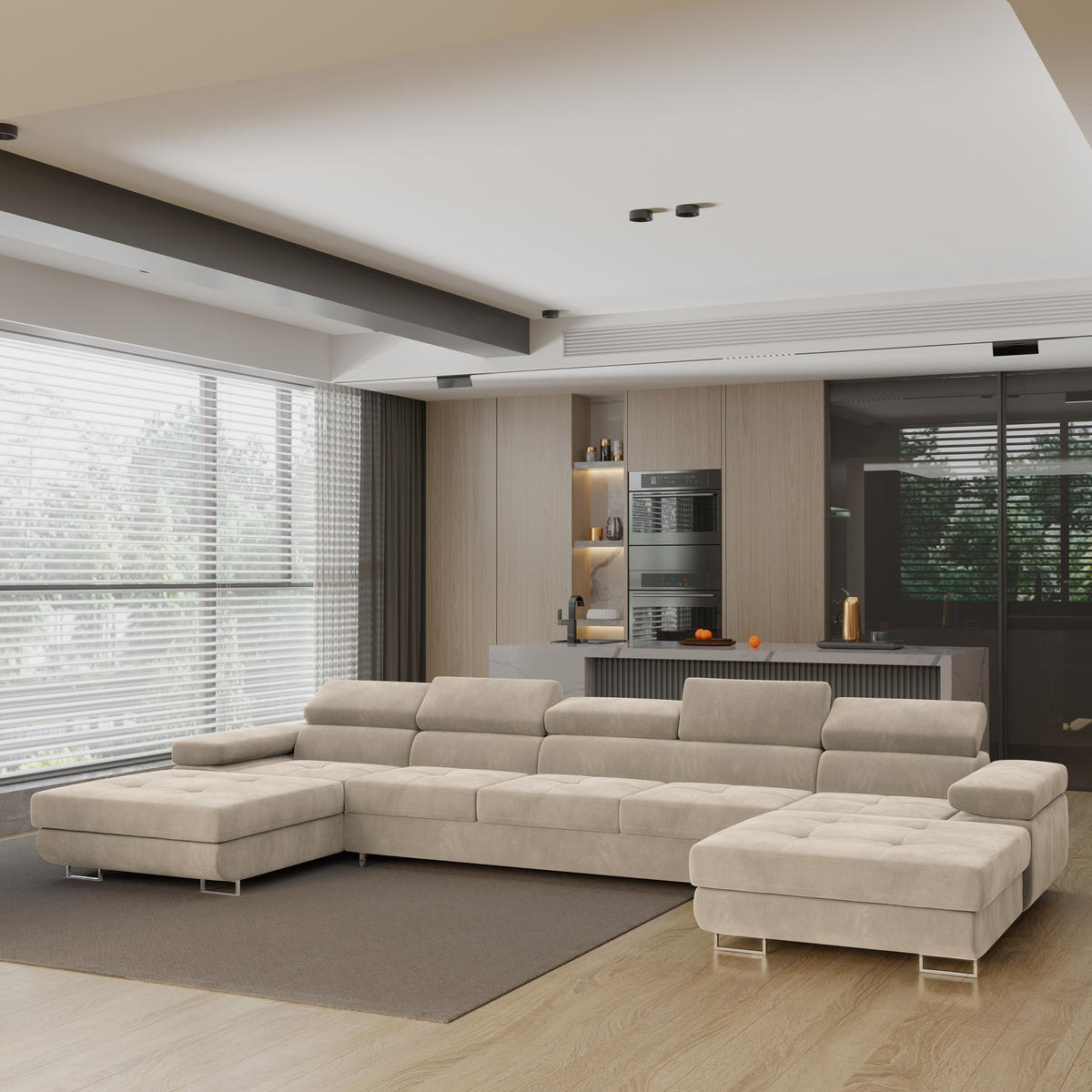 WOHNLANDSCHAFT OMBRA Creme Velours-Stoff mit Schlaffunktion - Creme, Holz (425/90/202cm) - MASSENO