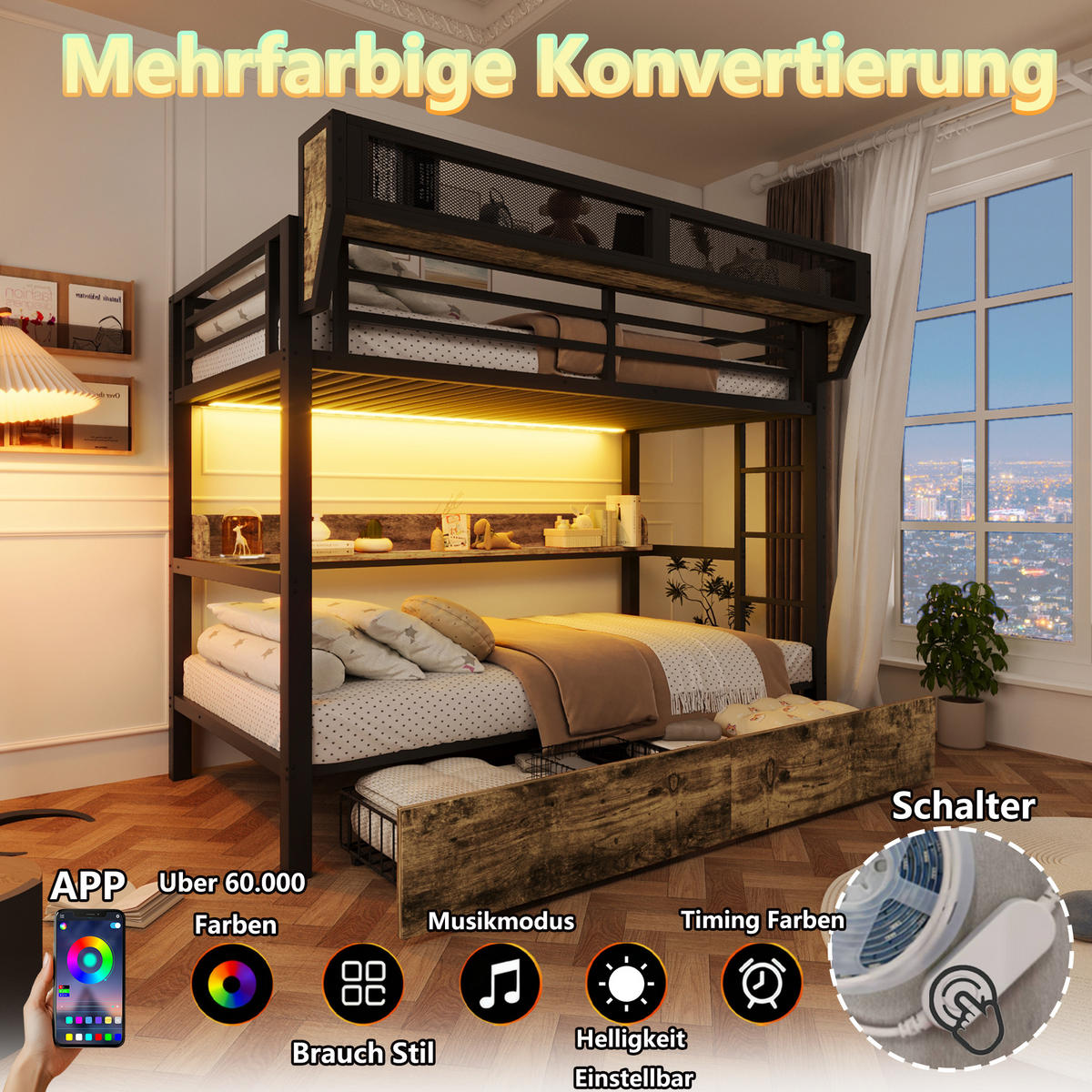 ETAGENBETT 90/200 cm in Schwarz mit LED, Ablagebord, Aufbewahrungskorb und 2 Schubladen - Schwarz, Holzwerkstoff/Metall (90/200cm) - WISHDOR
