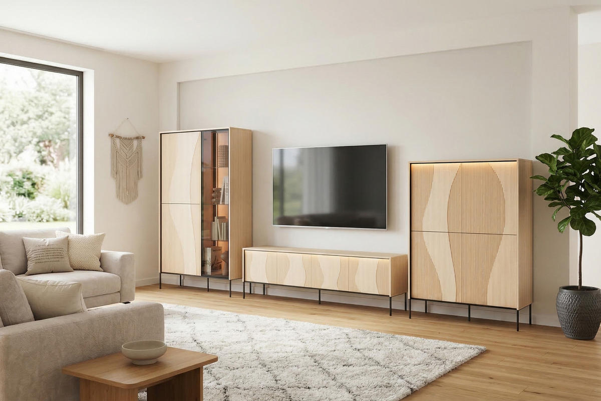 HOCHKOMMODE FAVOS 02 112/148/40 cm in Eiche Vincenza hell und Schwarz mit LED - Eichefarben/Schwarz, Holzwerkstoff (112/148/40cm) - Deine Möbel 24