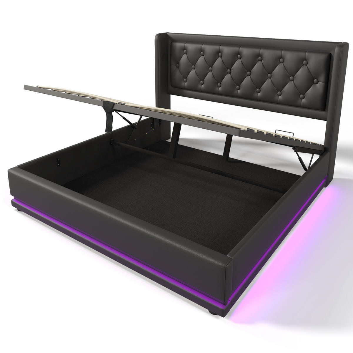 TAPECIRANI krevet od PU 160x200 cm crna s madracem, LED rasvjetom, USB i USB-C priključcima te hidrauličkim spremištem - crna, koža (160/200cm) - Modfu