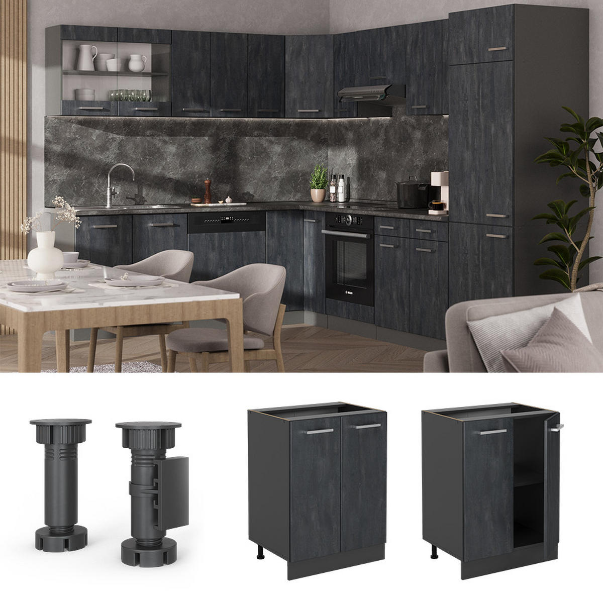 KÜCHENUNTERSCHRANK KÜCHENSCHRANK R-Line Schwarz Beton 60 cm AP Anthrazit - Anthrazit/Schwarz, Holzwerkstoff (60/81.6/60cm) - Vicco