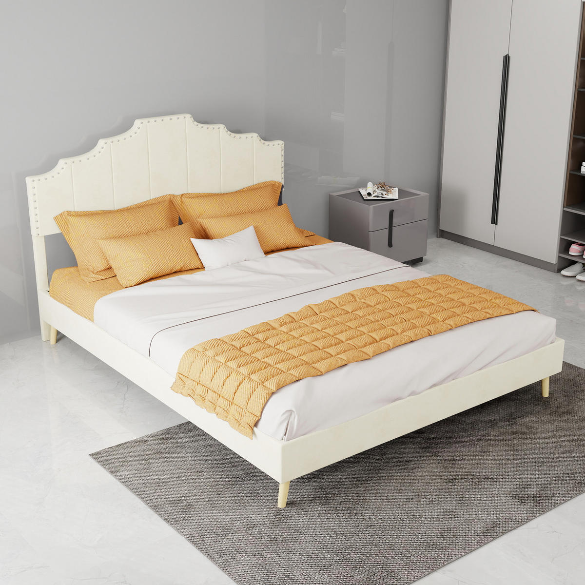 POLSTERBETT 140/200 cm DE-32982 mit geometrischem Kopfteil Beige - Beige, Metall (140/200cm) - ComfortXL